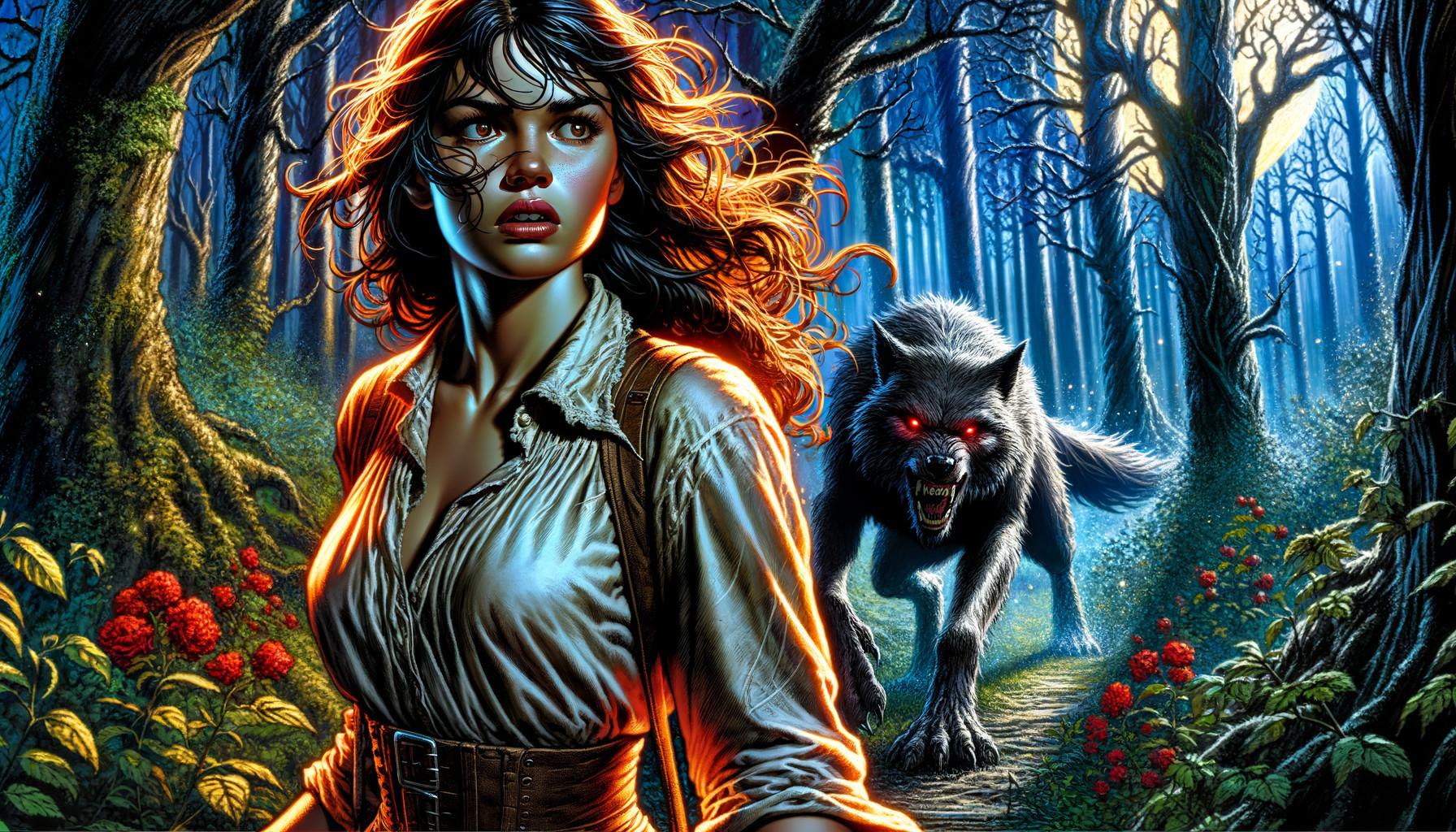 Young woman in enchanted forest with menacing wolf