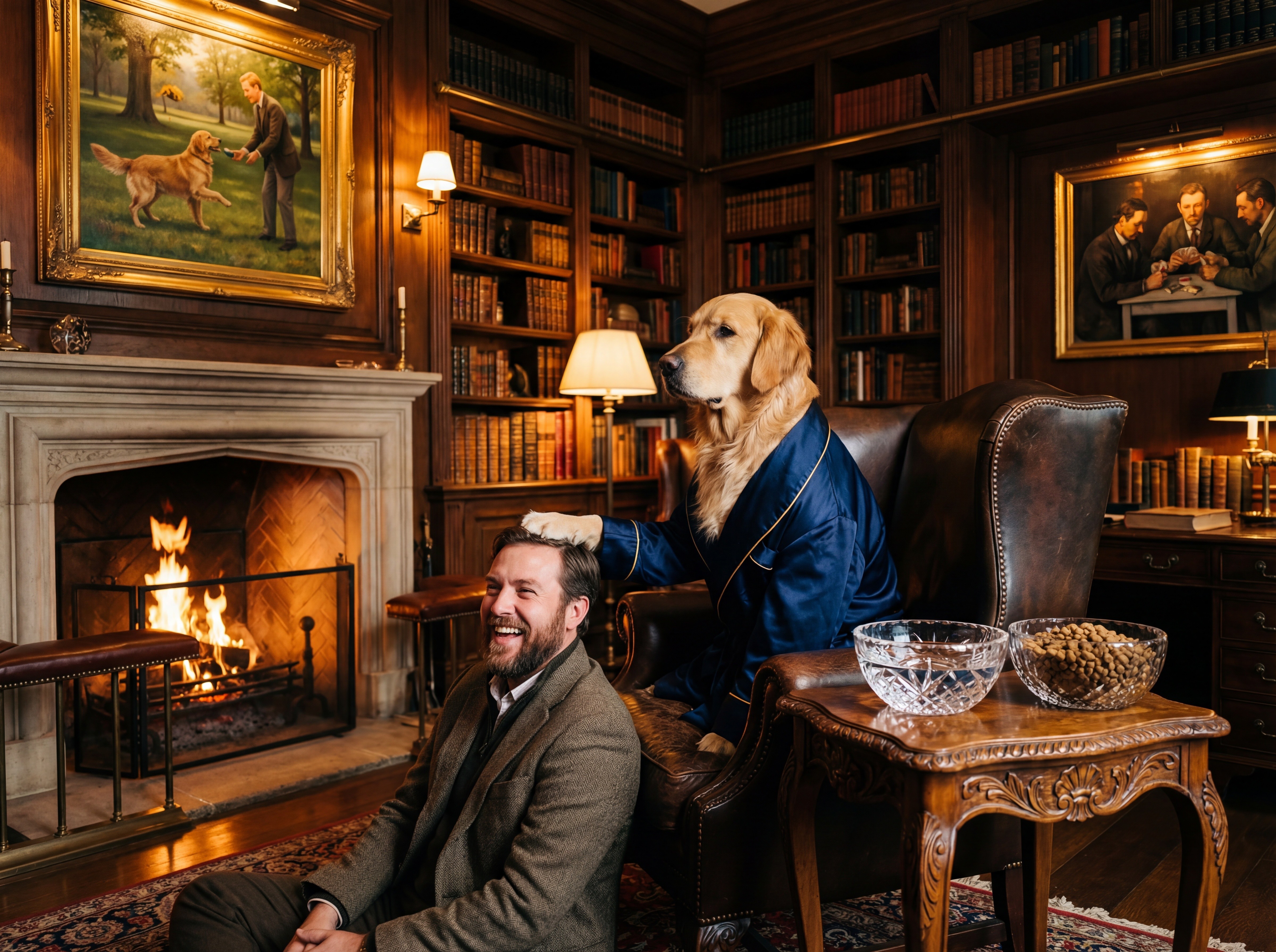 Indoor Library with Fireplace and Golden Retriever