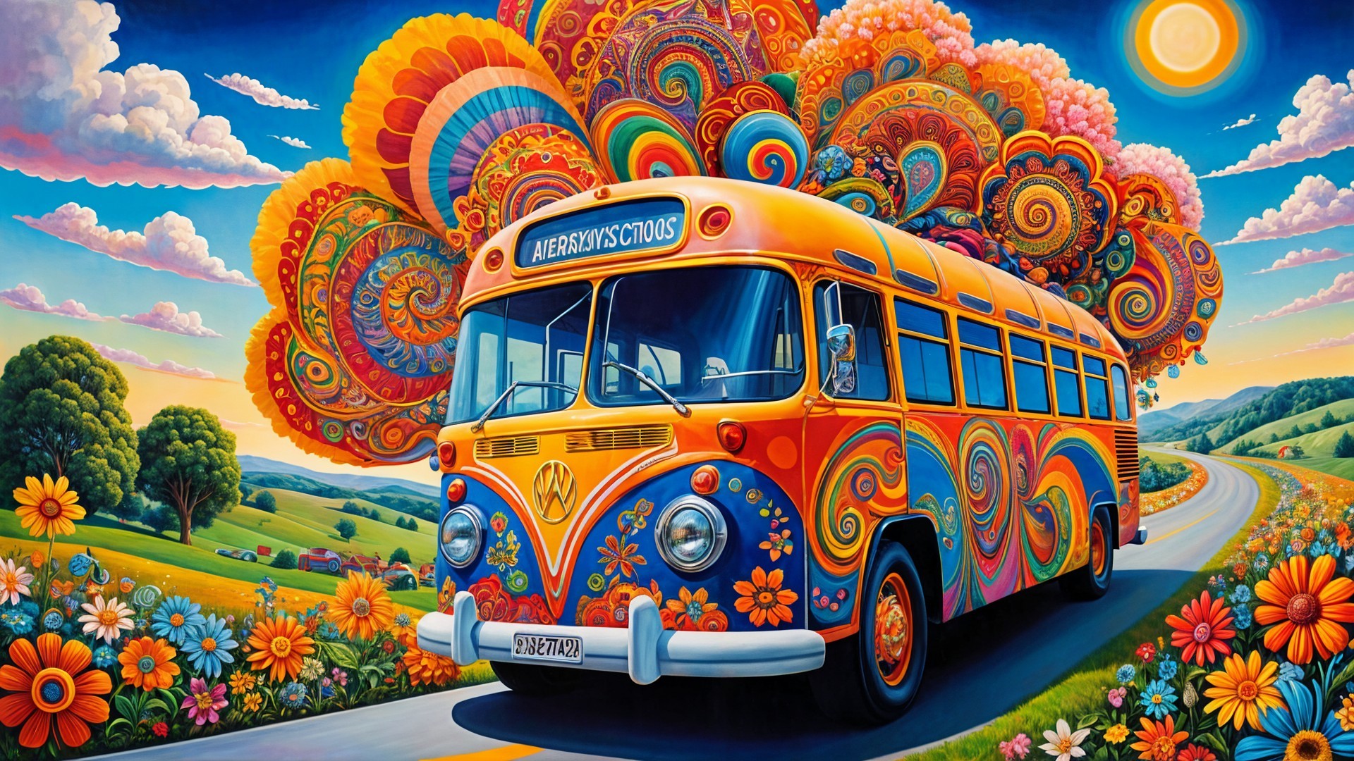 Vintage bus in a colorful landscape with flowers