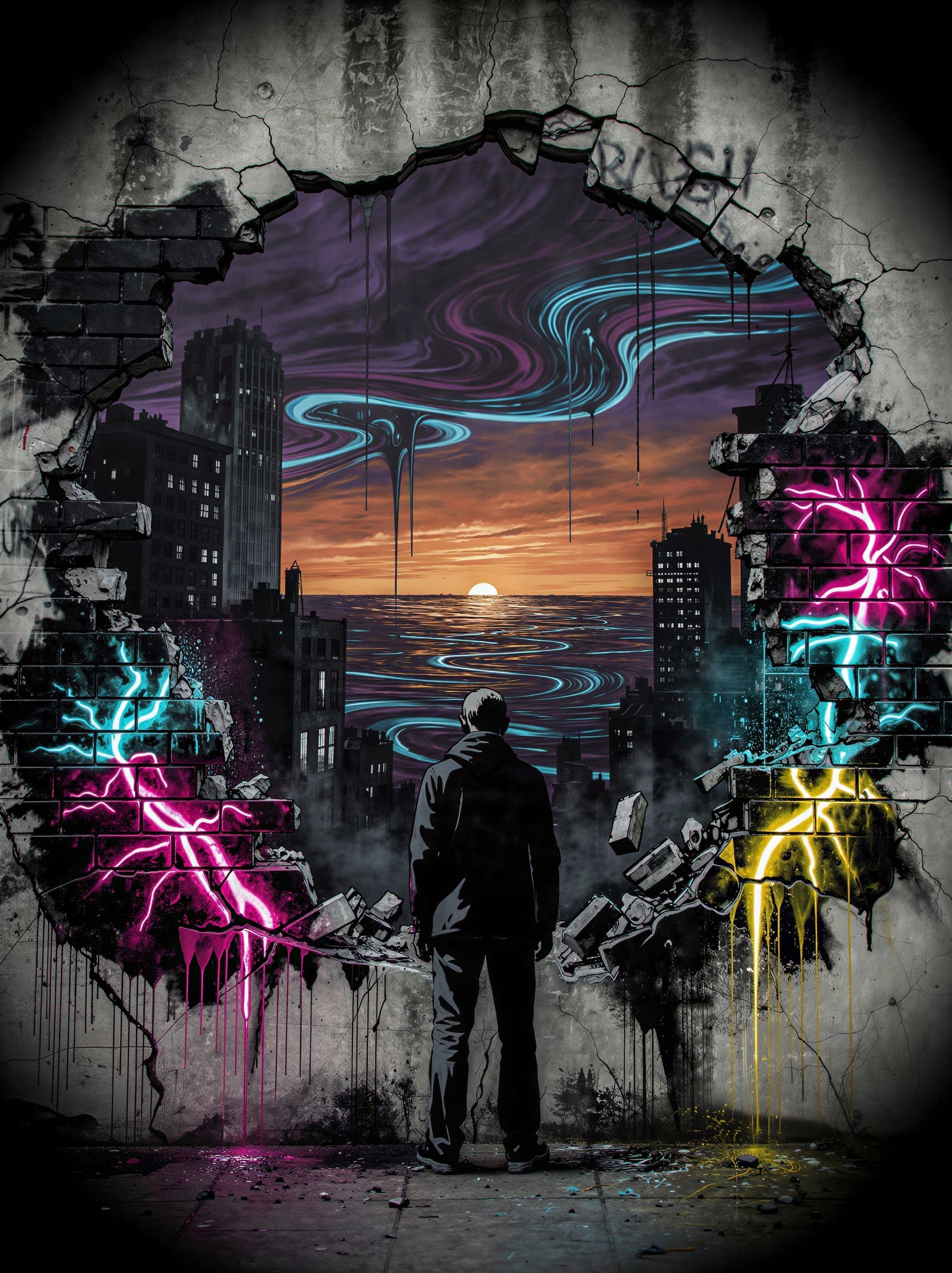 Man in black jacket views cityscape at sunset through wall