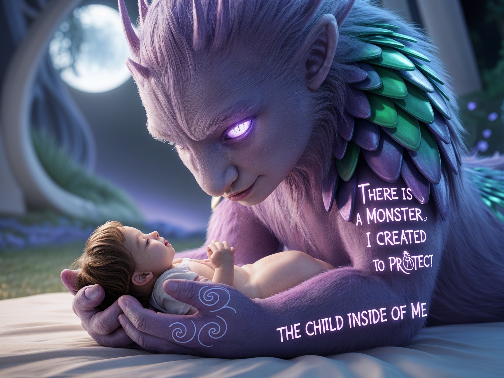 Gentle Giant Creature Cradling a Sleeping Baby