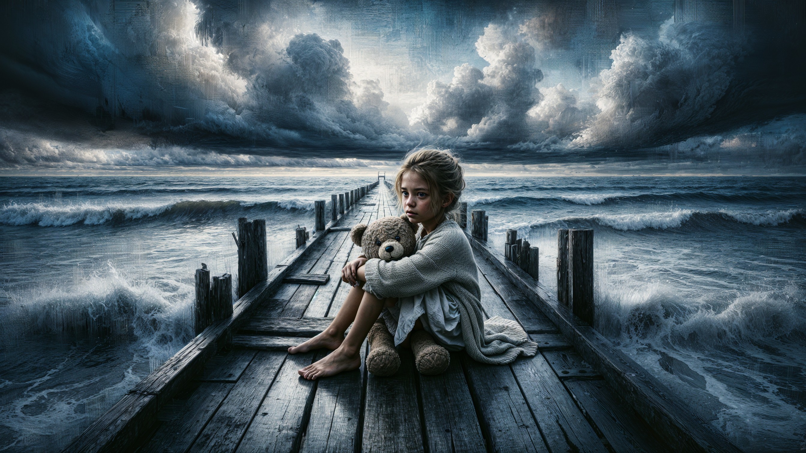 Young girl with teddy bear on stormy wooden pier