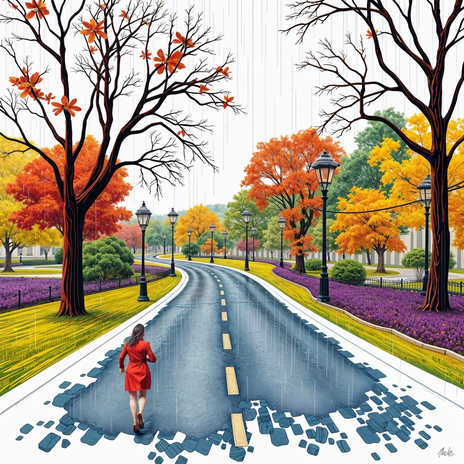 Woman in Red Coat on Autumn Road with Raindrops