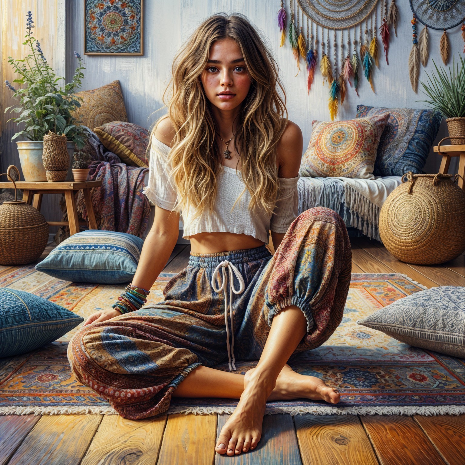 Young woman in bohemian room with colorful decor