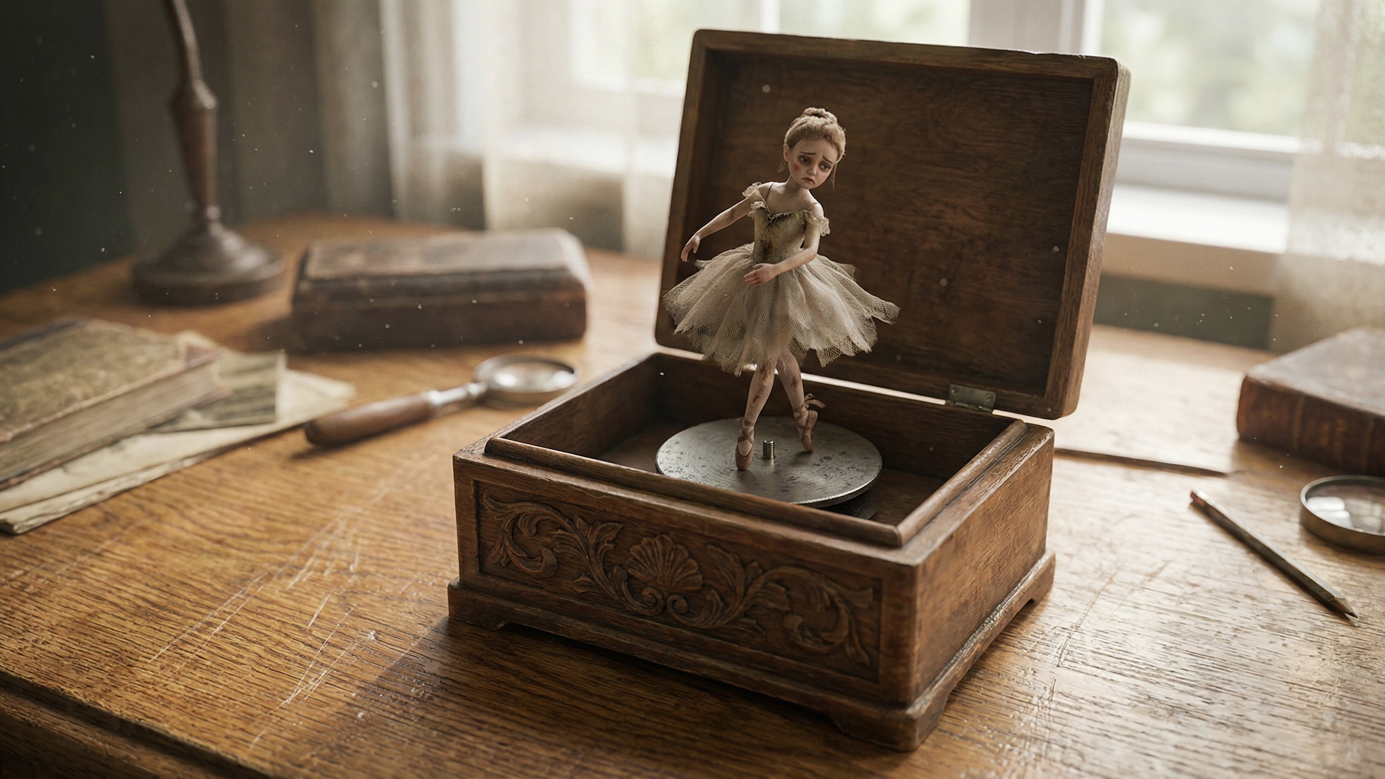 Close-up of Antique Music Box with Ballerina and Books
