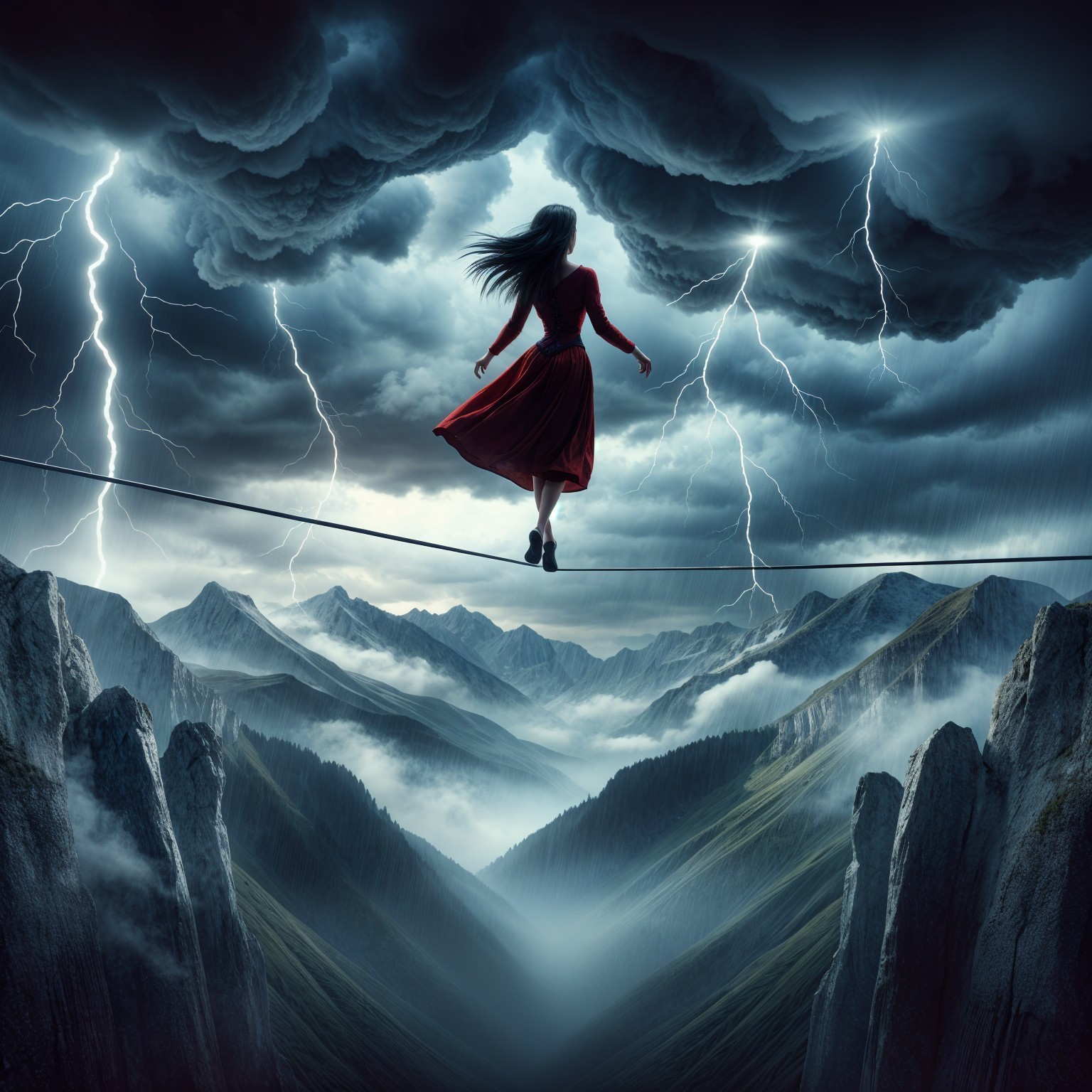 Woman in red dress on tightrope above misty valley