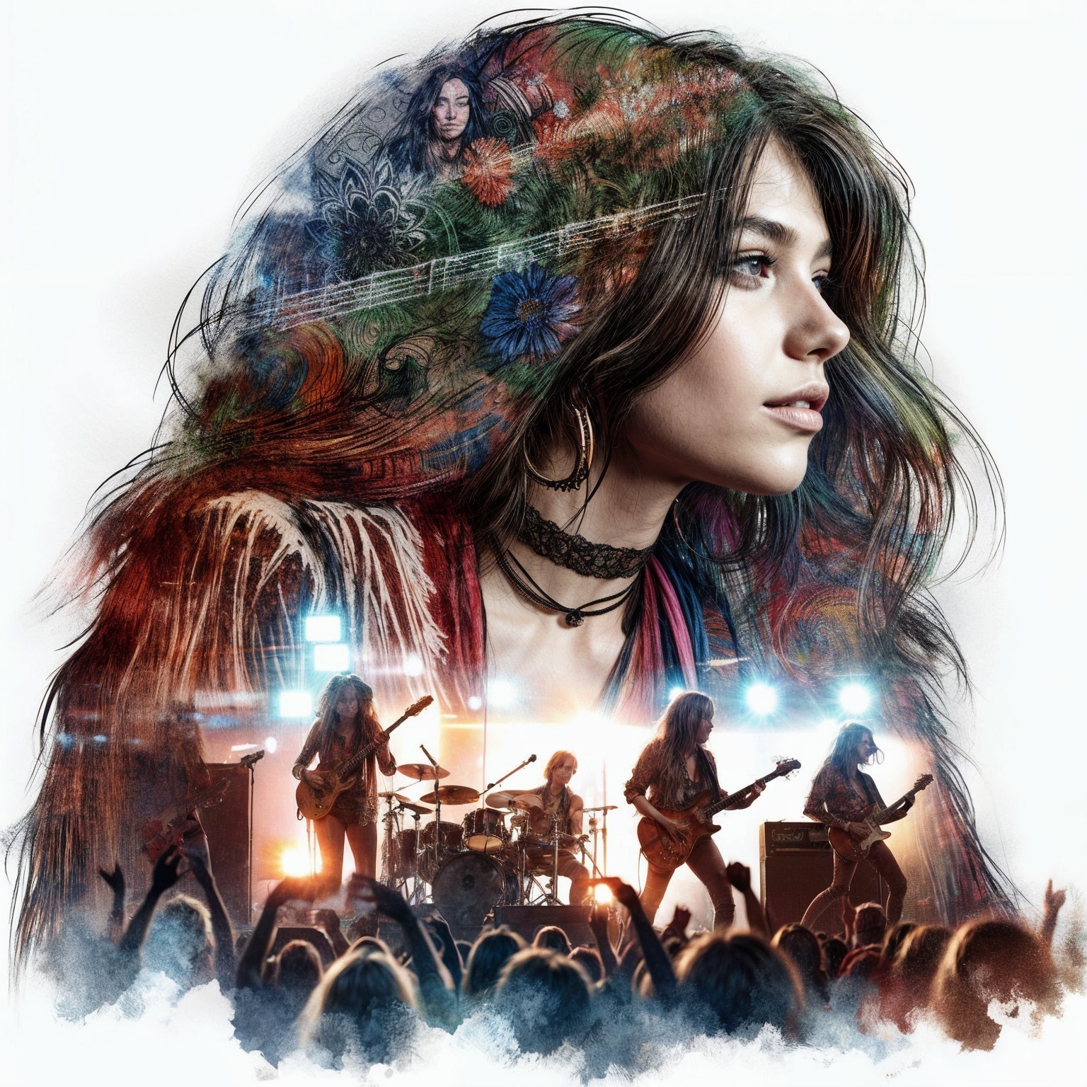 Vibrant Double Exposure of Woman and Rock Band Scene