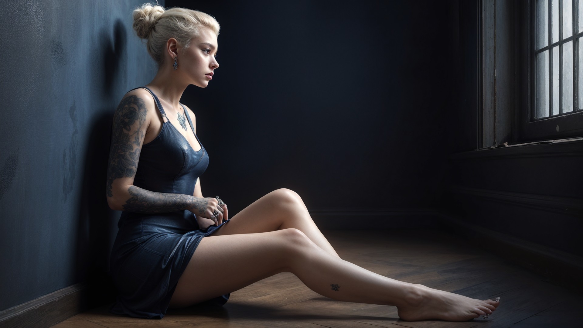 Young Woman in Dark Dress Against Wall with Tattoos