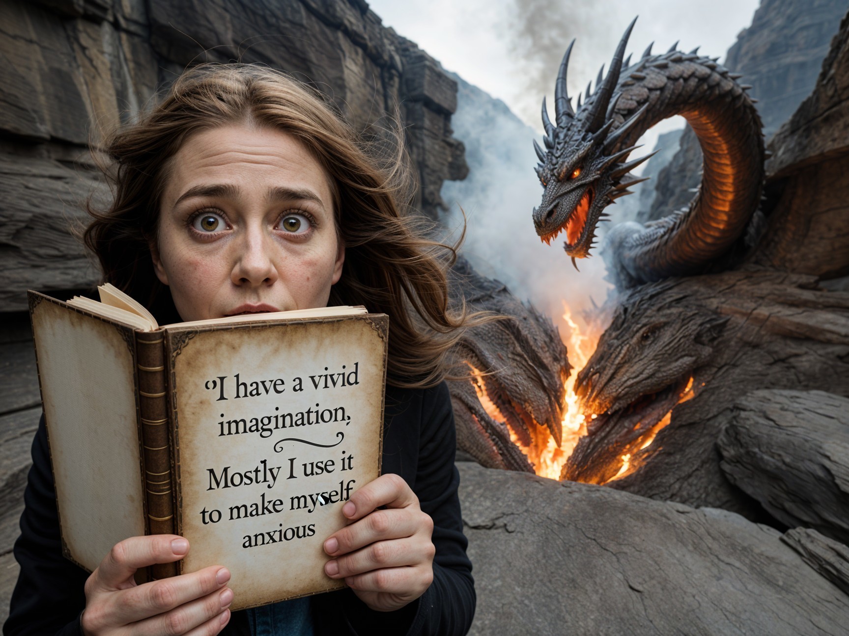 Dramatic Scene of Woman, Dragon, and Ancient Book