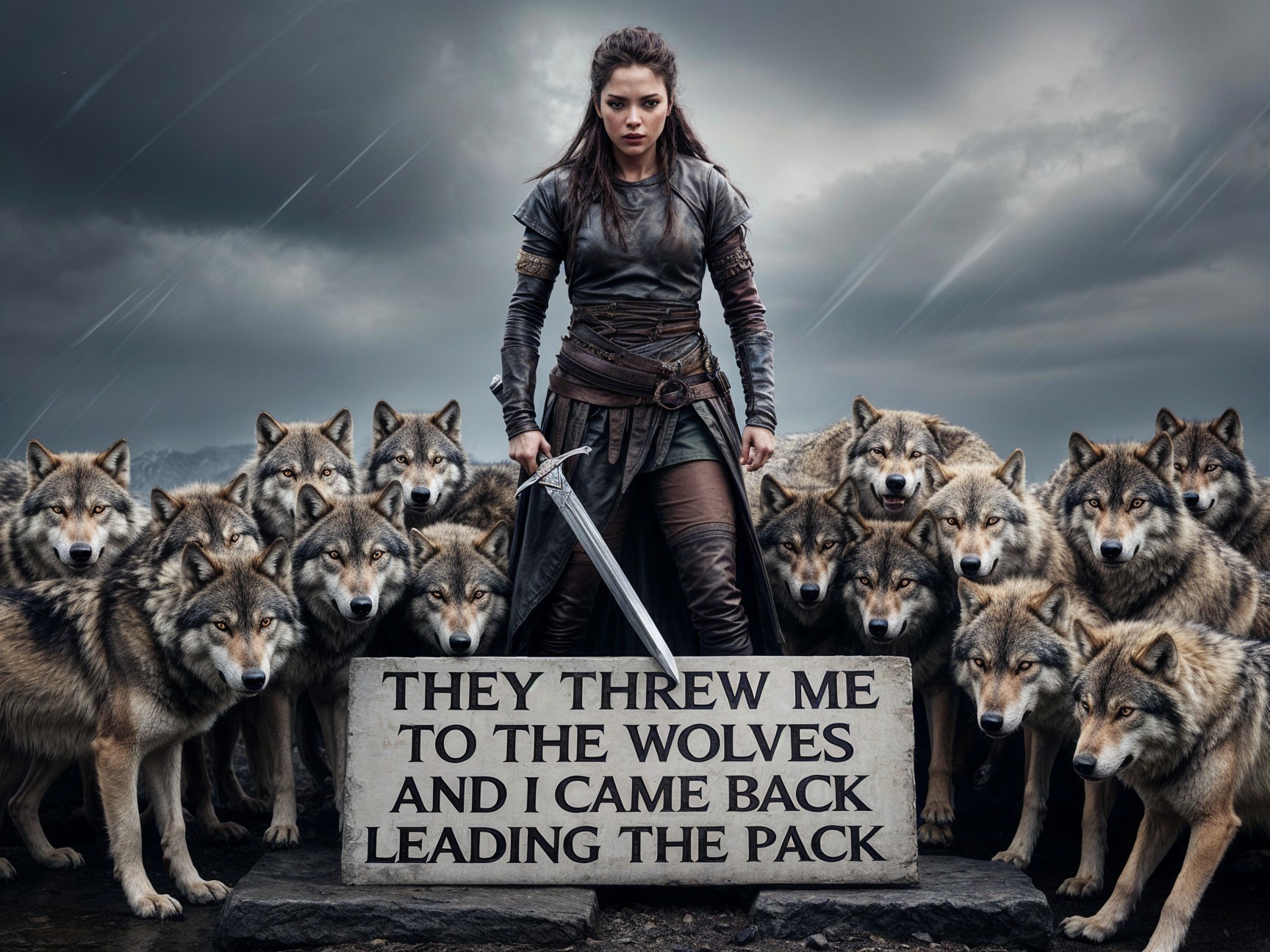 Warrior Surrounded by Wolves Under Stormy Sky