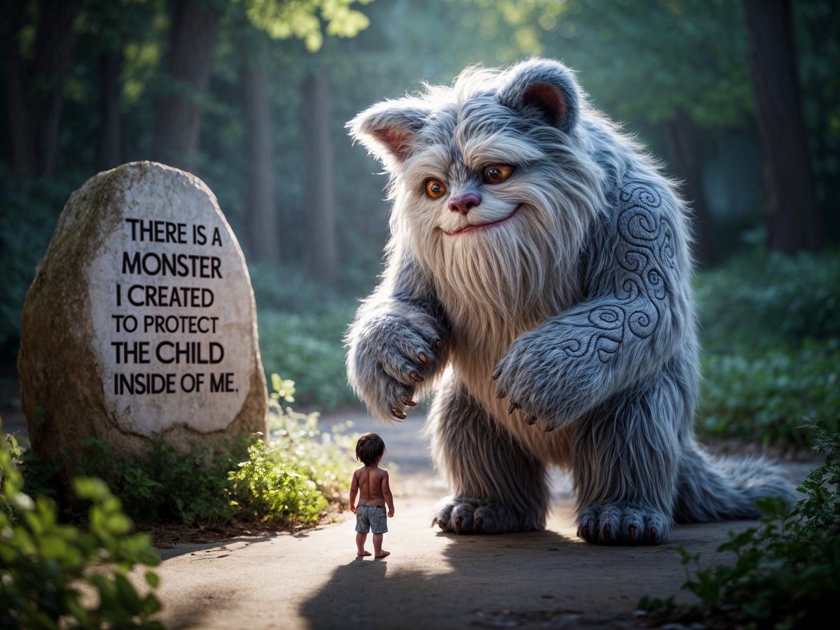 Furry Monster Protects Child in Serene Forest Scene