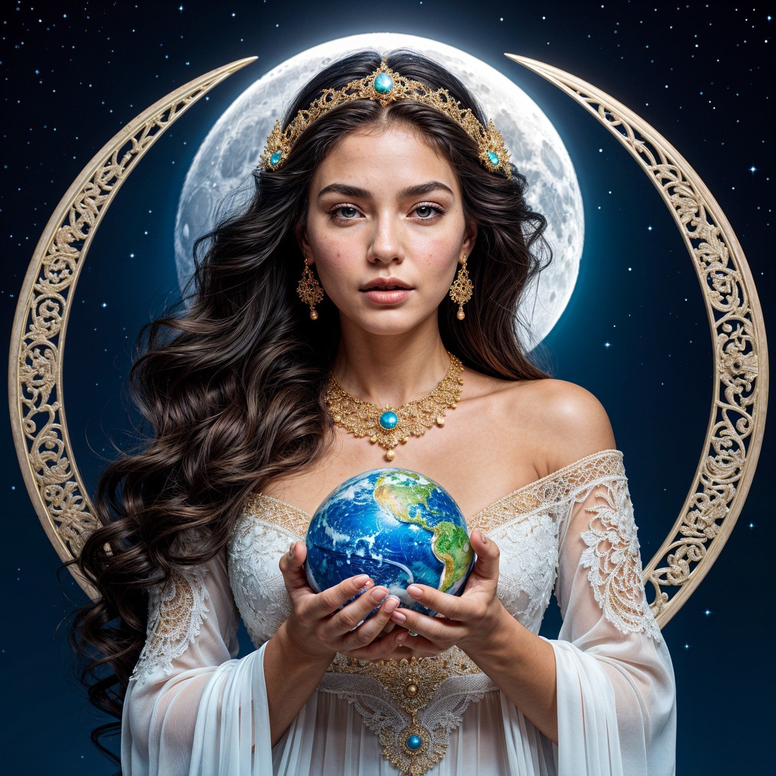 Elegant Woman with Earth and Mystical Moon Background