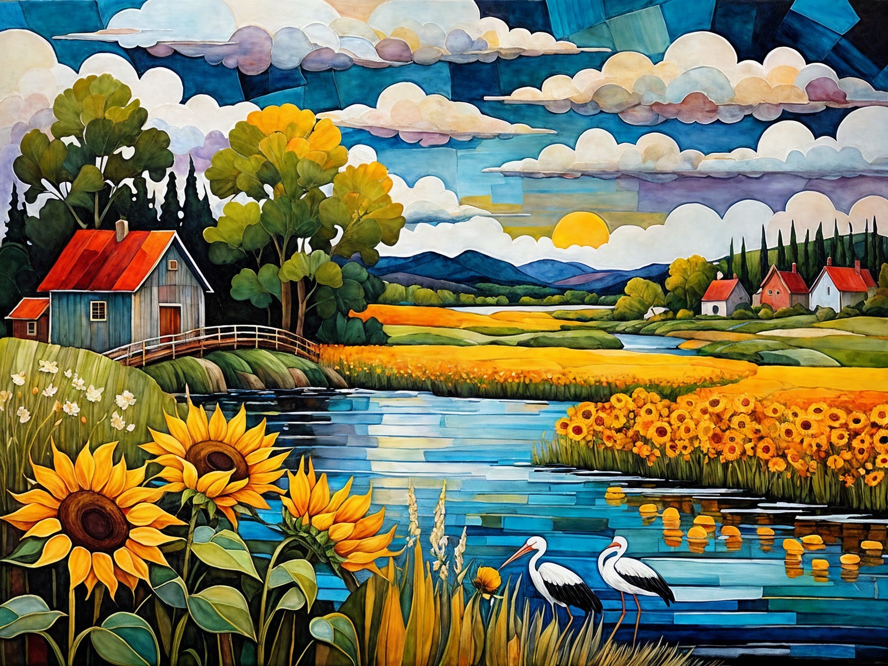 Vibrant Landscape with House, River, and Sunflowers