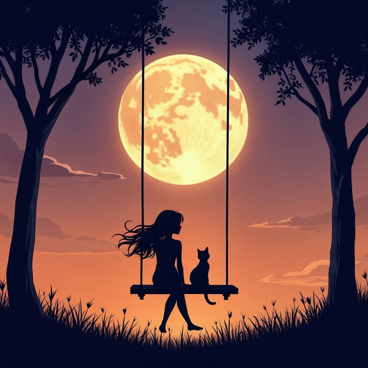 Silhouette of a girl and cat under a full moon