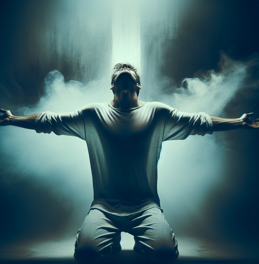 Kneeling Figure in Ethereal Light and Swirling Mist