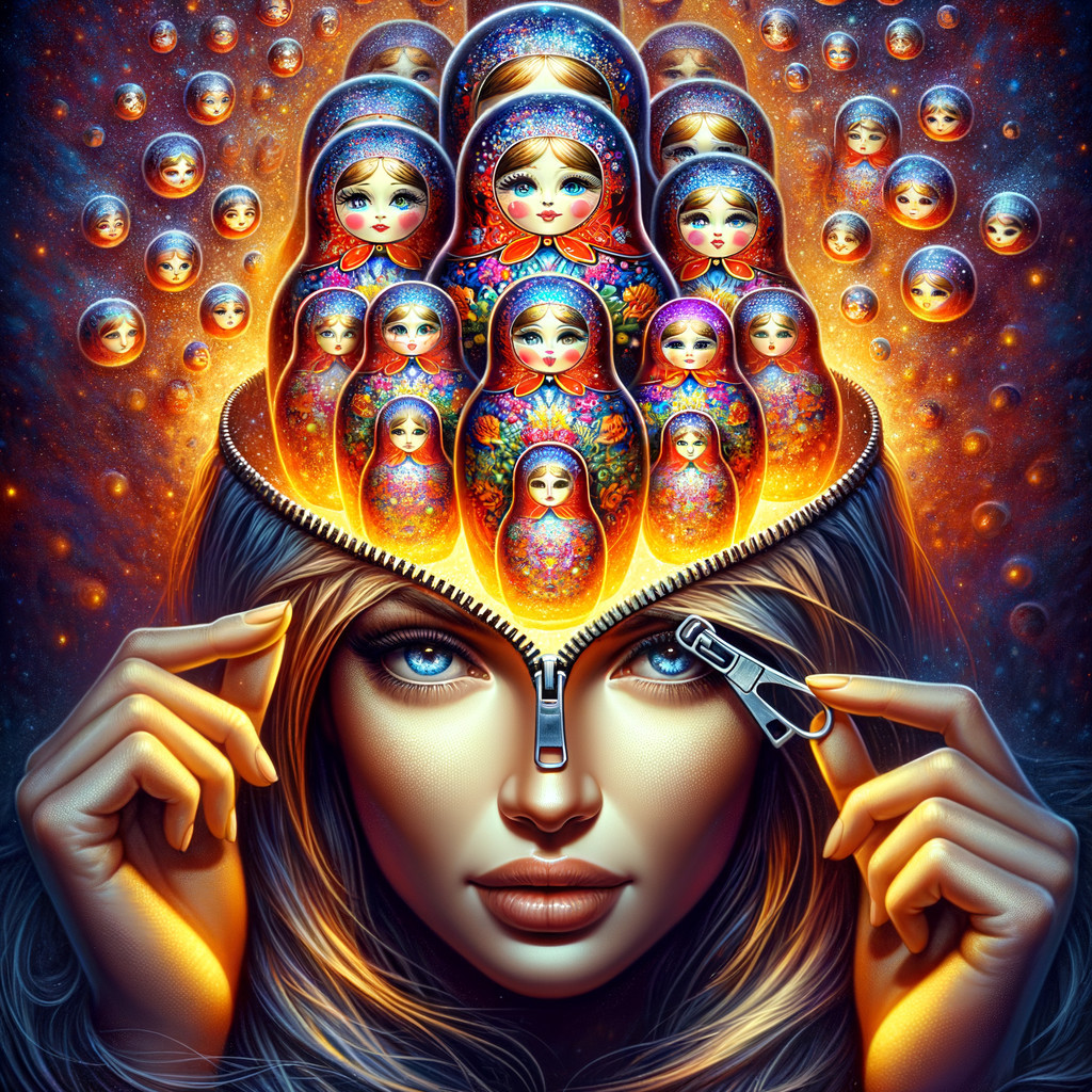 Surreal Woman's Head with Zipper and Matryoshka Dolls
