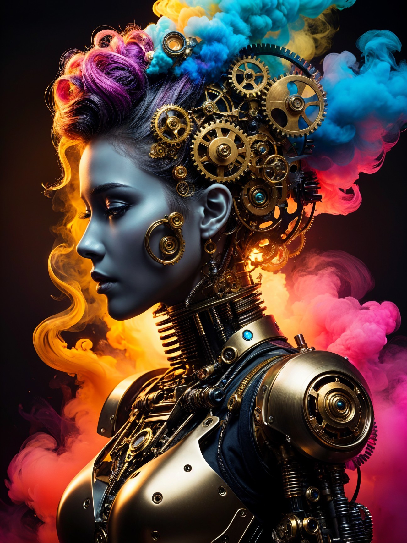 Futuristic Robotic Figure with Steampunk Aesthetic