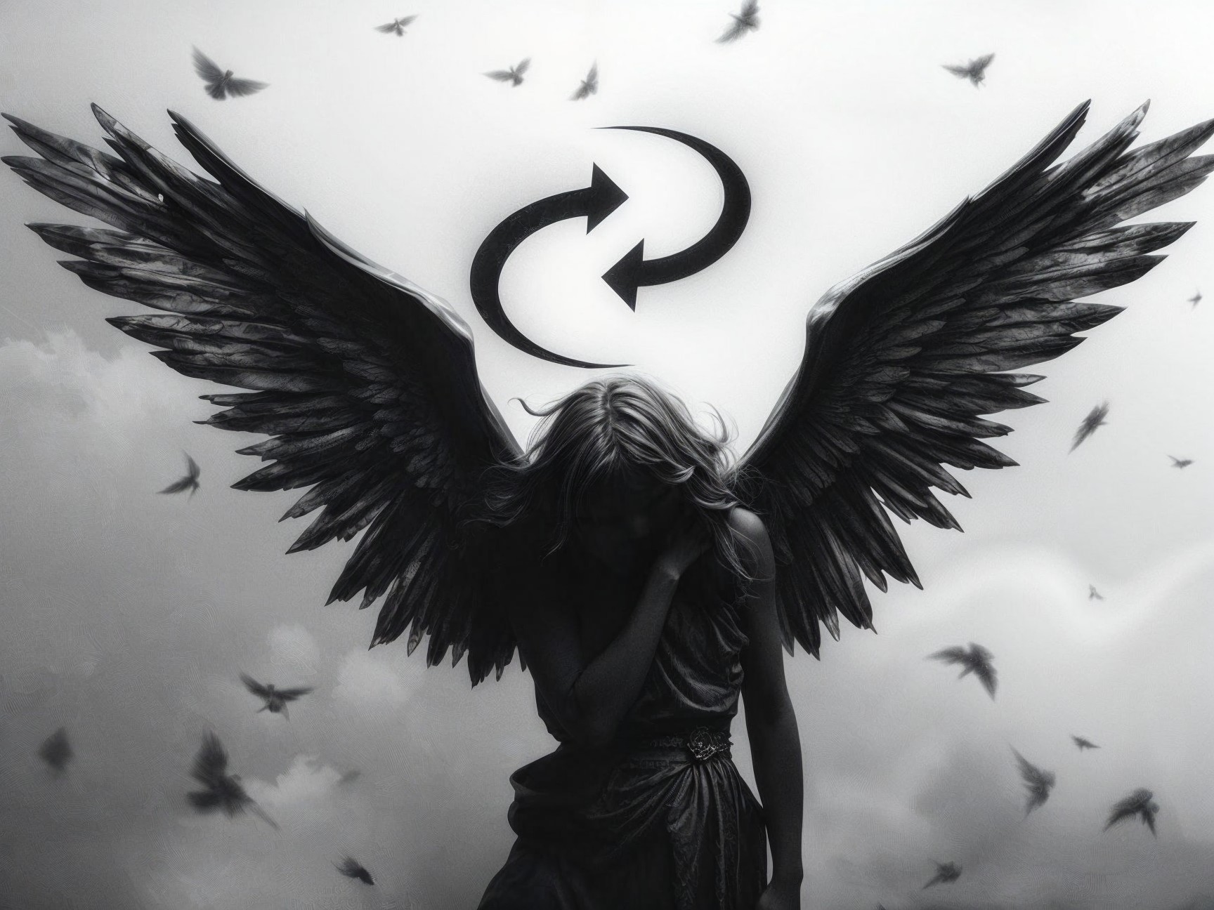Monochrome Image of Sorrowful Winged Figure
