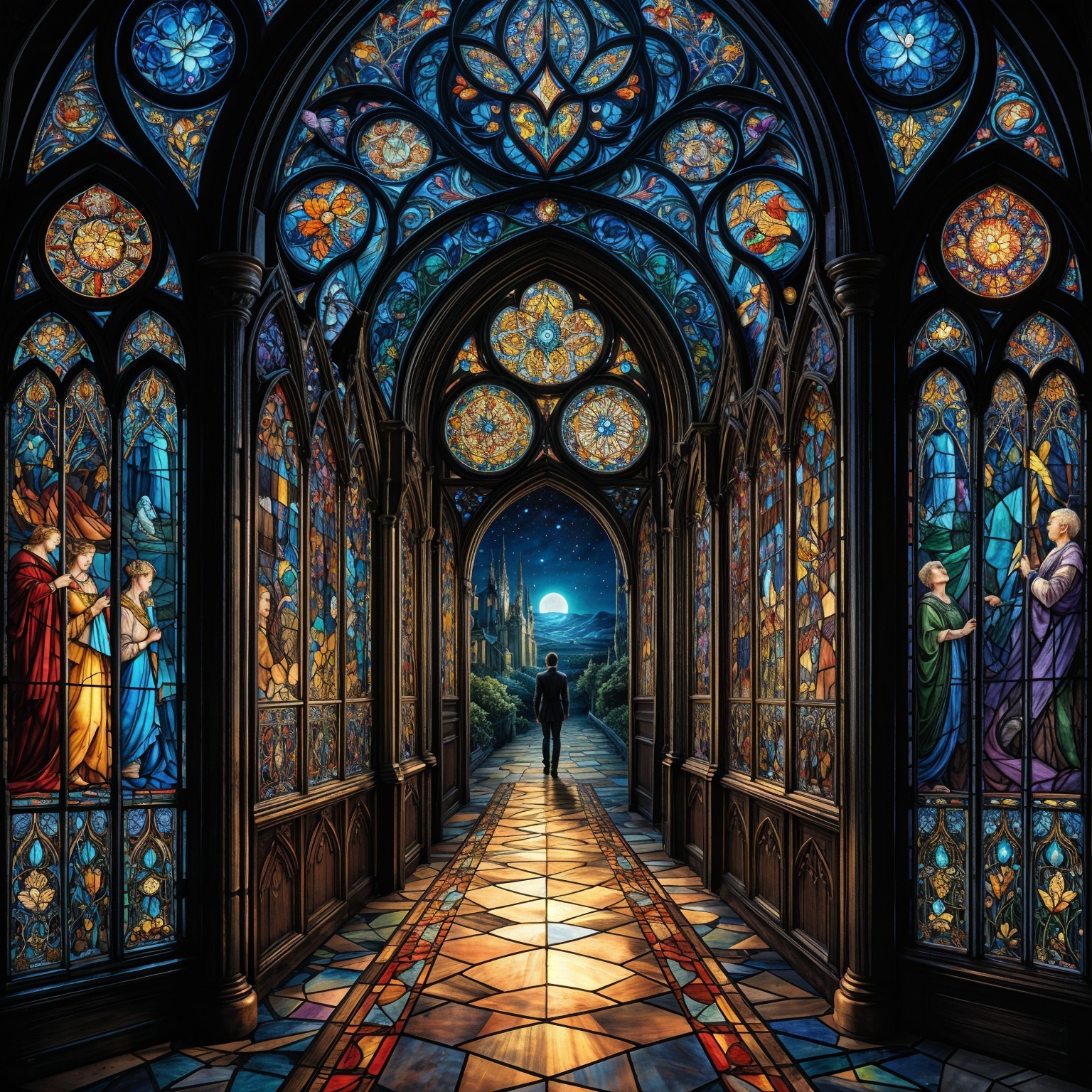 Gothic Hallway with Stained Glass and Moonlit View