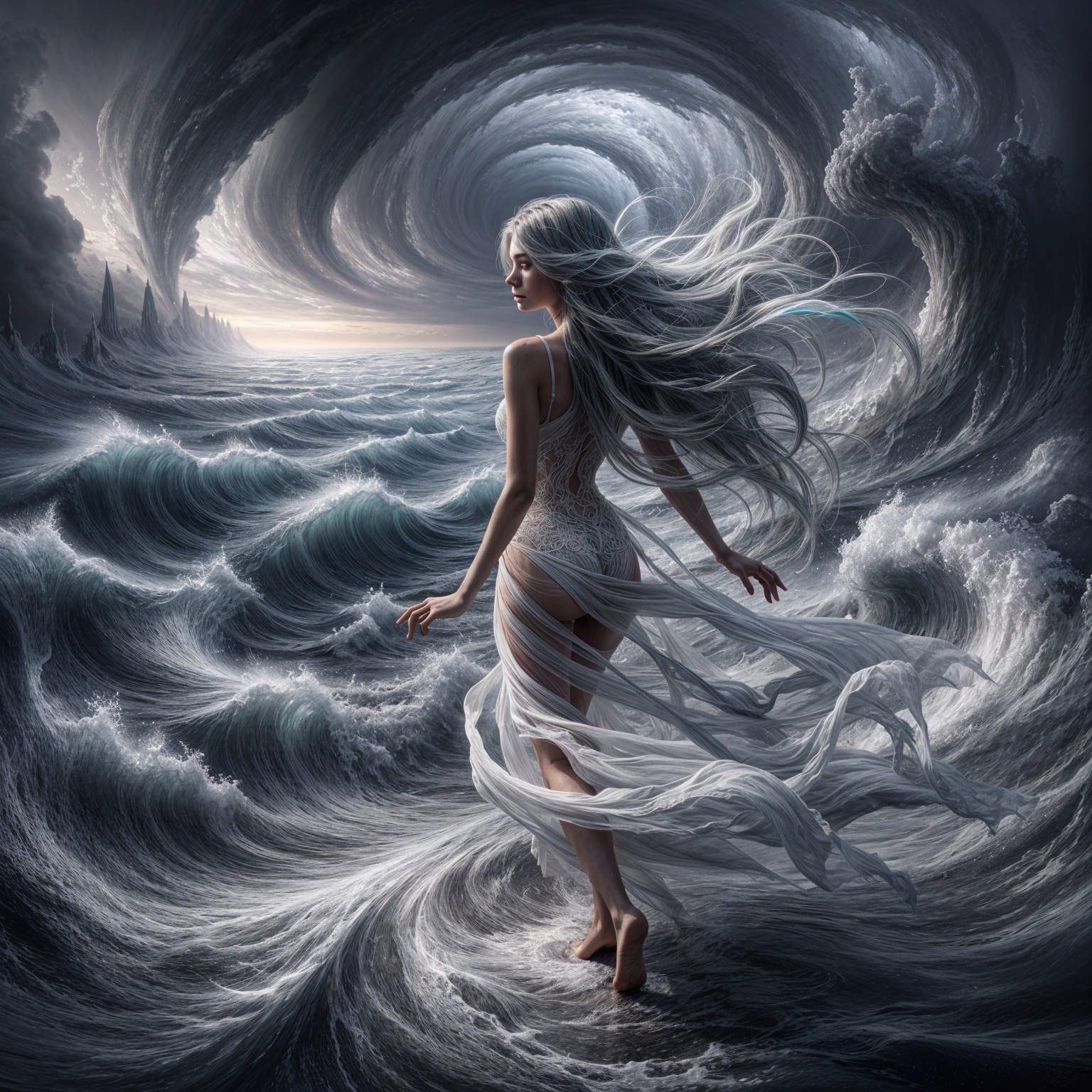 Graceful figure in stormy sea with flowing dress