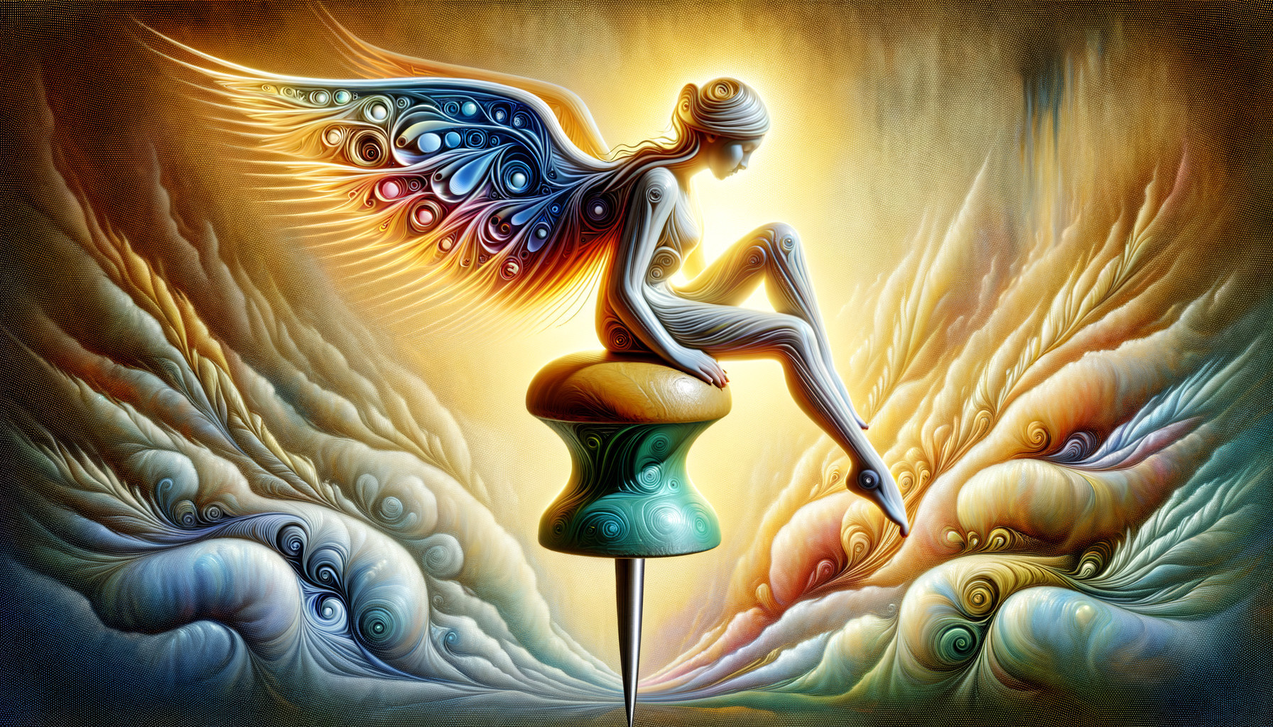Surreal Scene of Winged Figure on Colorful Pushpin