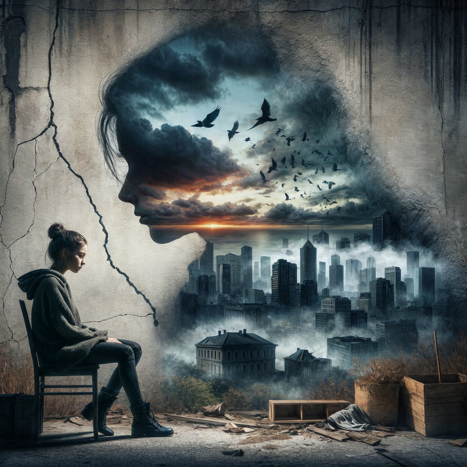 Young Woman Contemplating Against Urban Mural Background