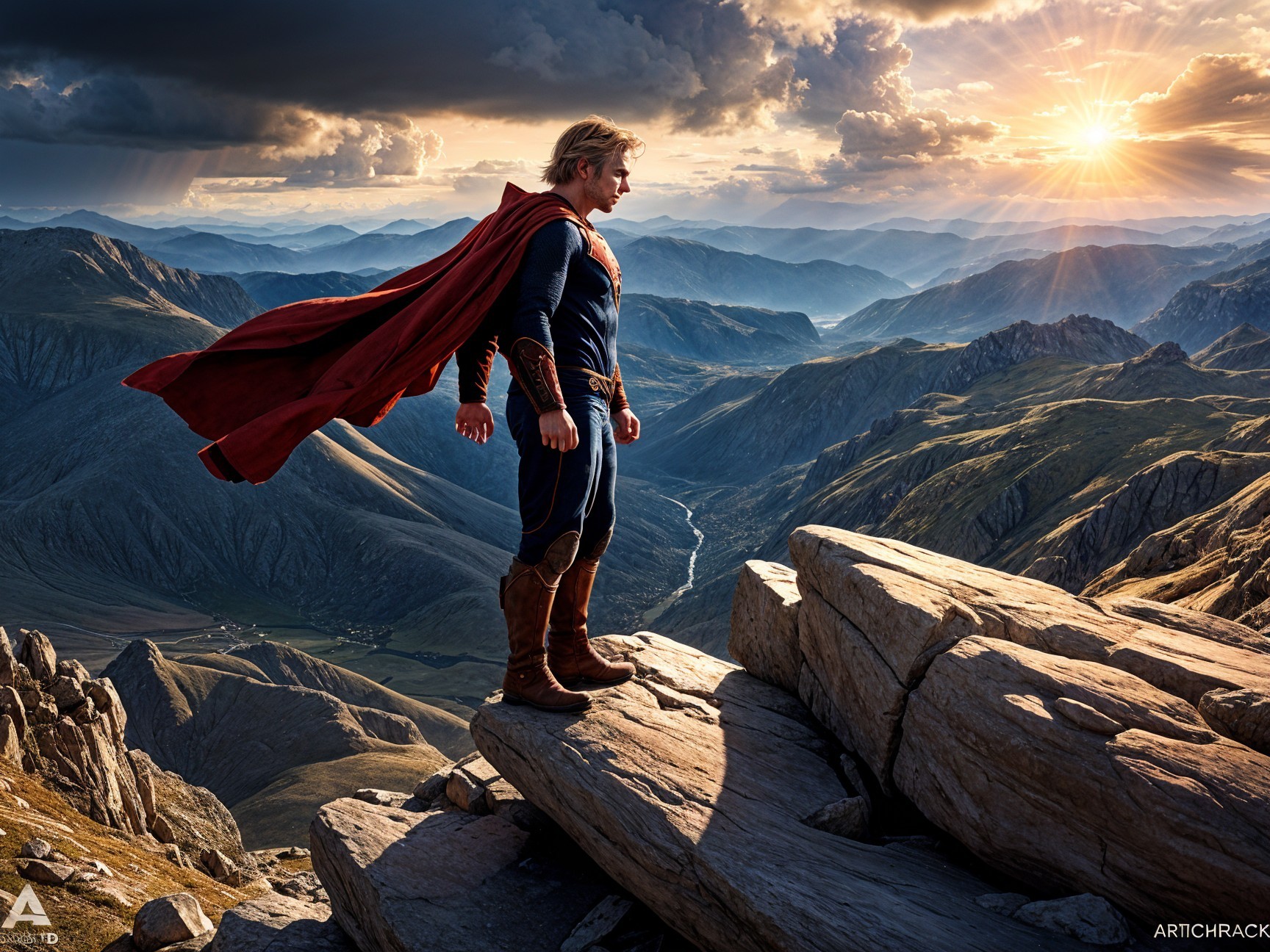 Heroic figure in vibrant costume on rocky outcrop
