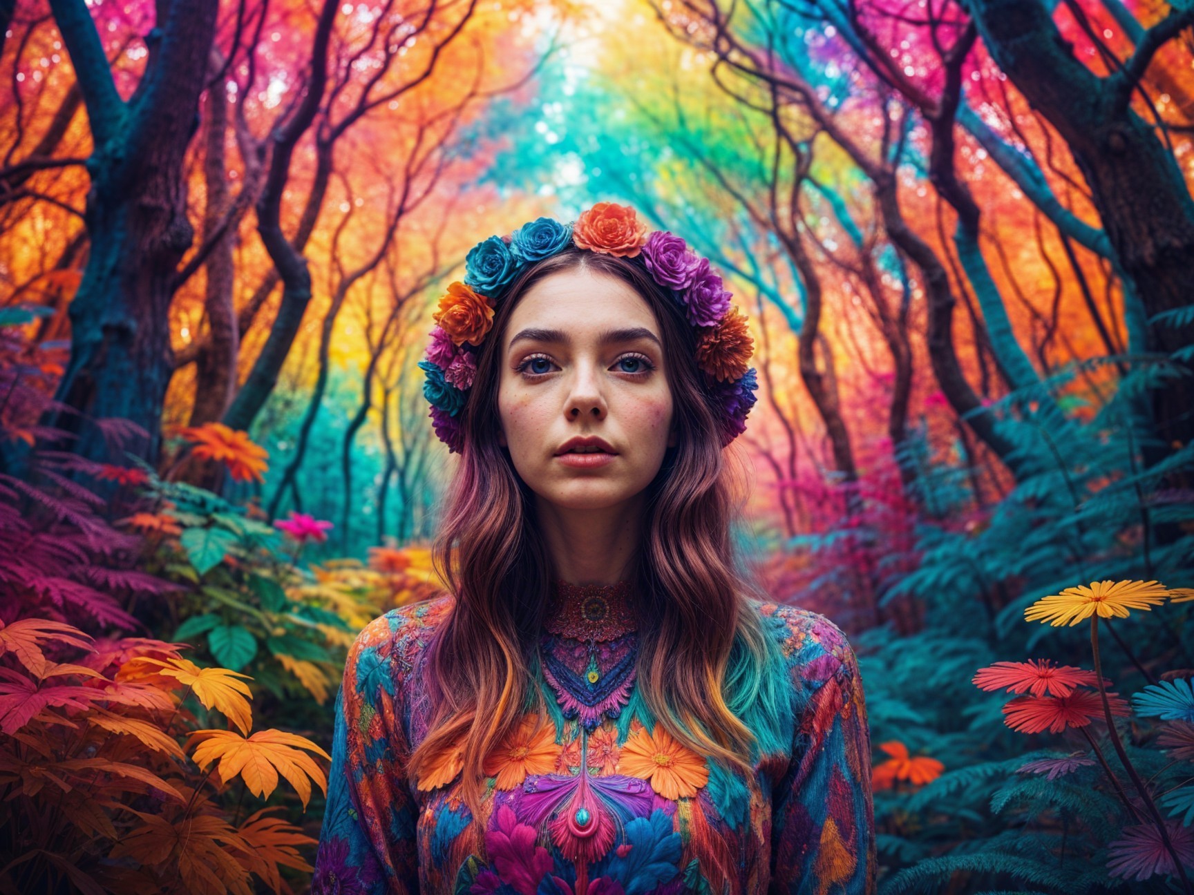 Vibrant Forest Scene with Woman in Colorful Attire