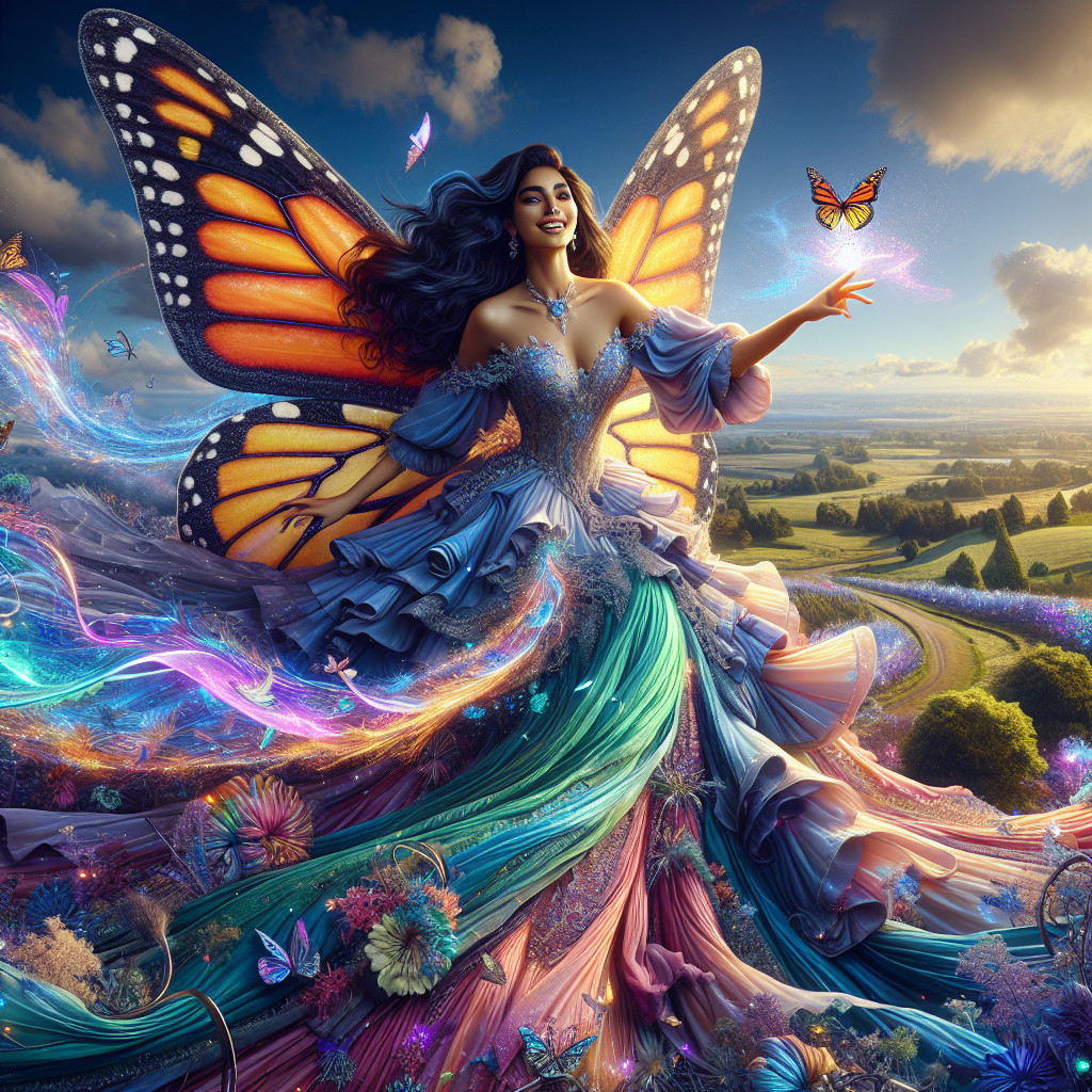 Woman in flowing gown with butterfly motifs in landscape