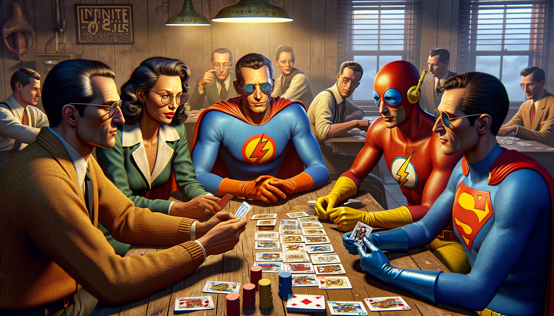 Superheroes Playing Poker in Vintage Setting