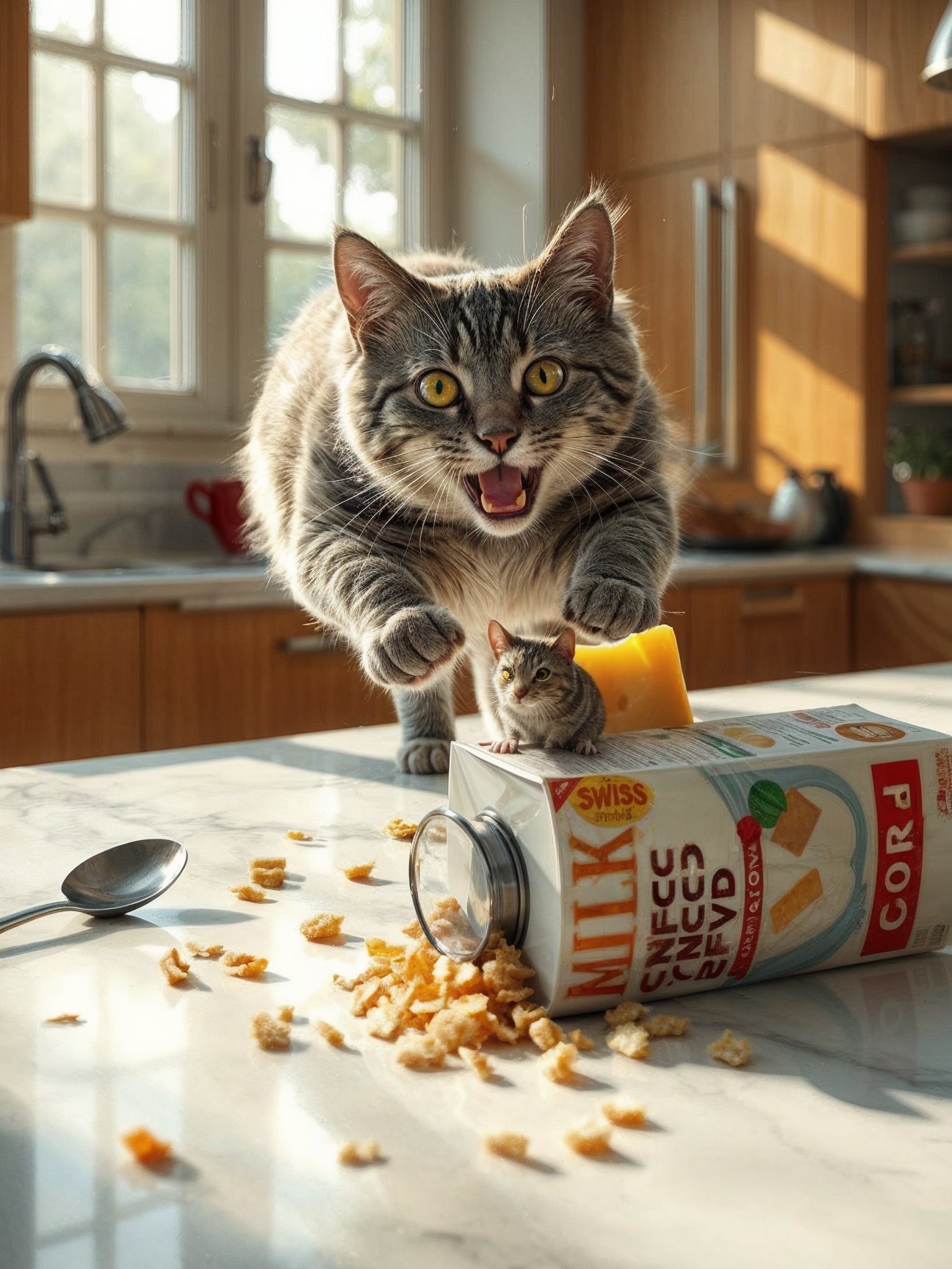 Tabby Cat with Cheese and Mouse in Cozy Kitchen