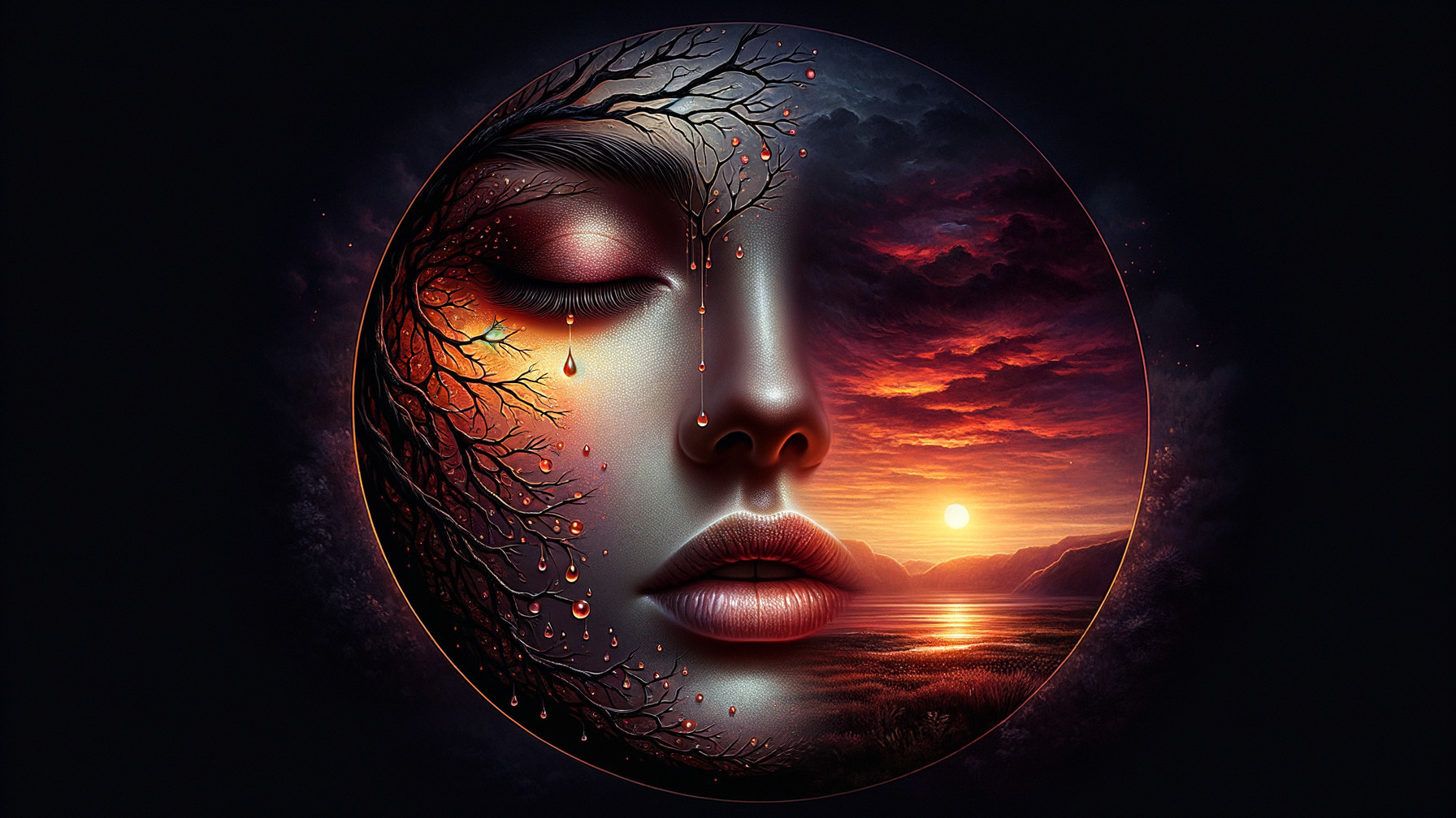 Serene Face Merged with Landscape at Sunset