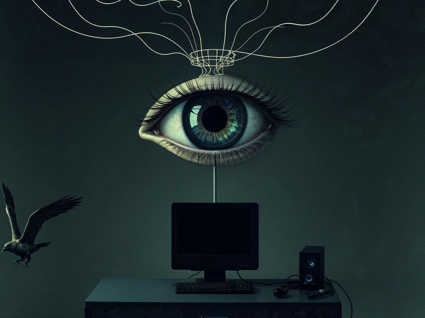 Surreal Scene with Eye, Monitor, and Bird in Flight