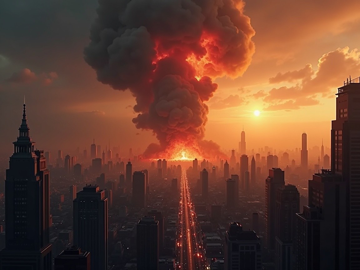 Urban Skyline Silhouetted by Fiery Explosion at Sunset