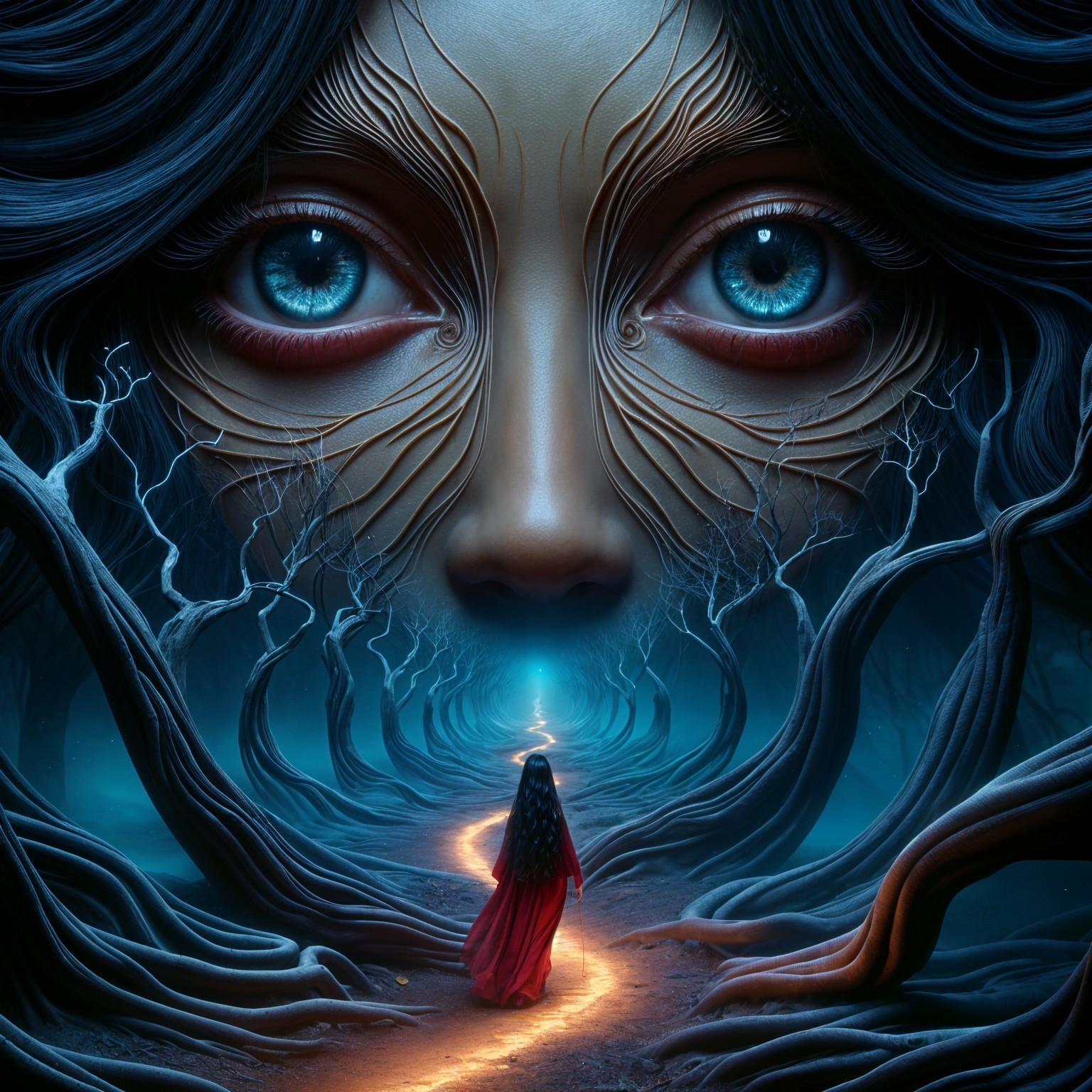 Mysterious forest path with giant face and cloaked figure