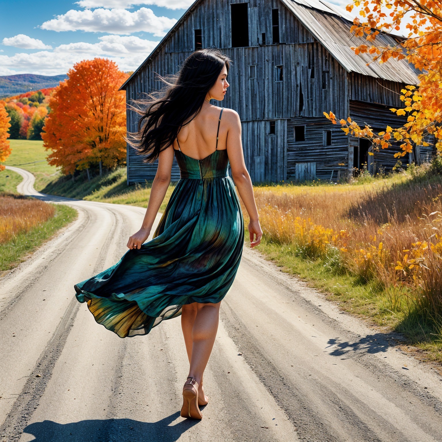 Young Woman in Green Dress on Autumn Road