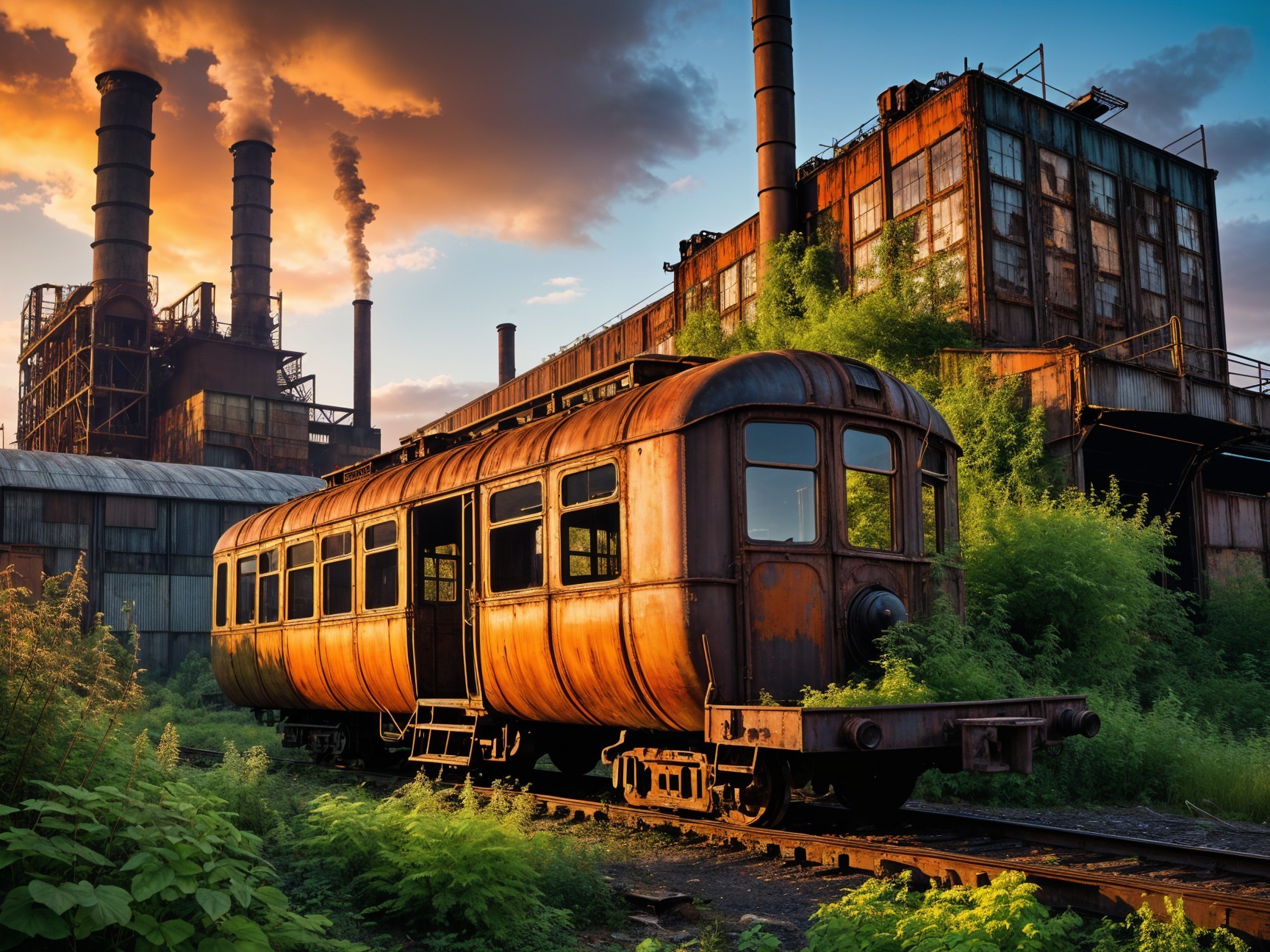 Abandoned Train Surrounded by Overgrown Vegetation
