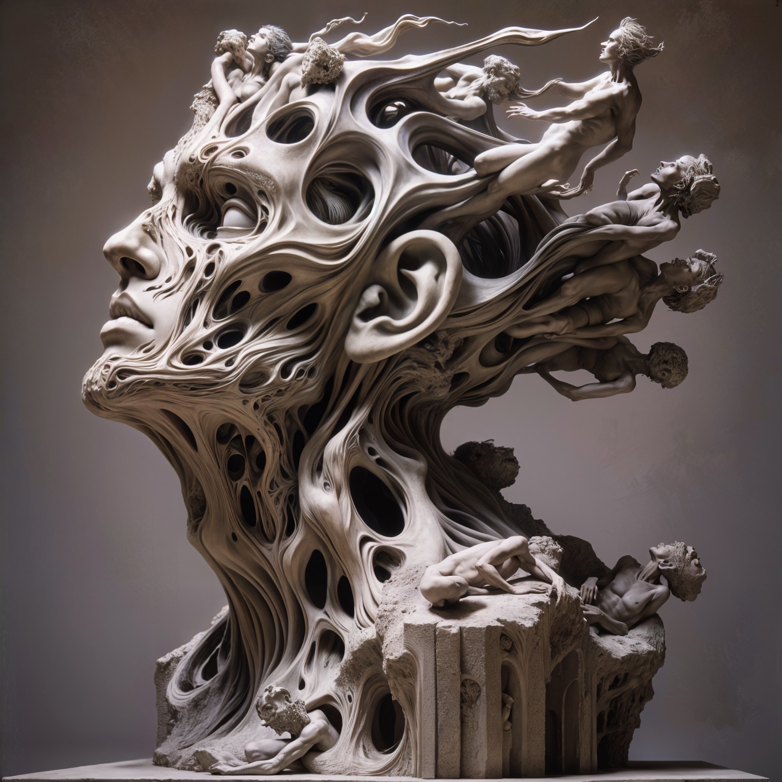 Sculpture of Human Head with Organic Interactions