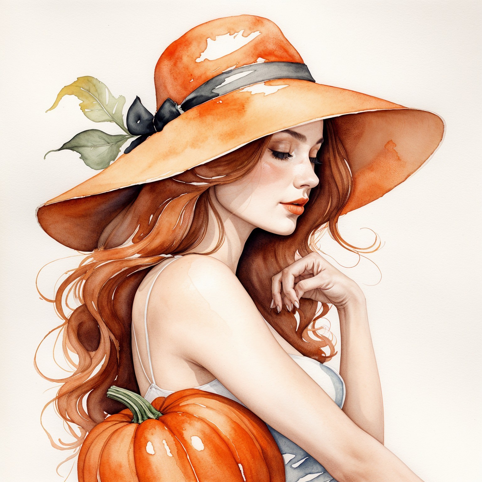 Graceful Woman with Orange Hat and Pumpkin in Autumn