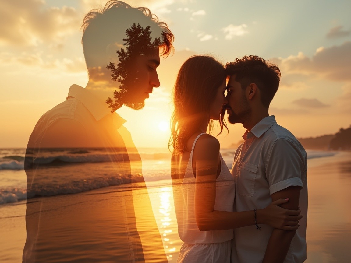 Romantic sunset silhouette of a couple by water
