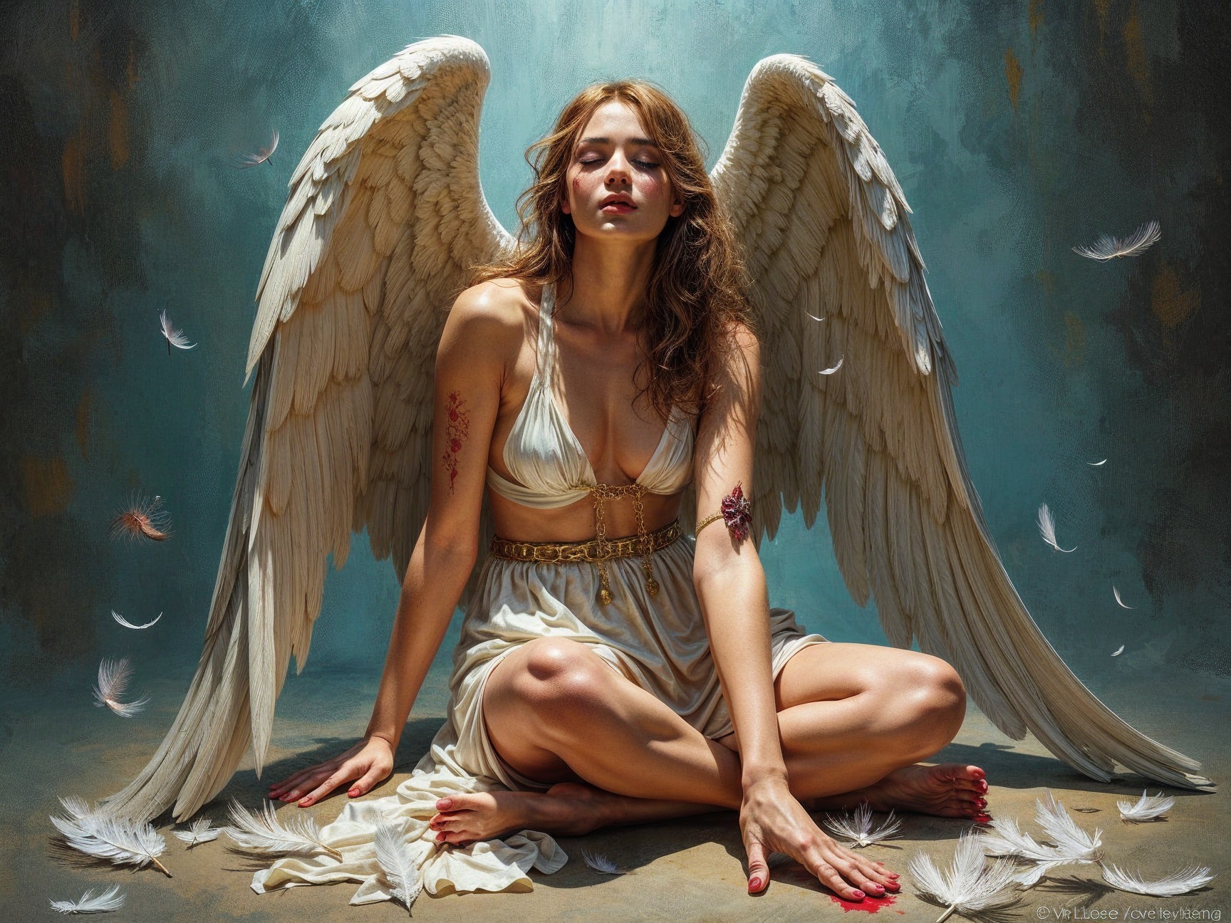 Serene Woman with White Wings in Soft Lighting