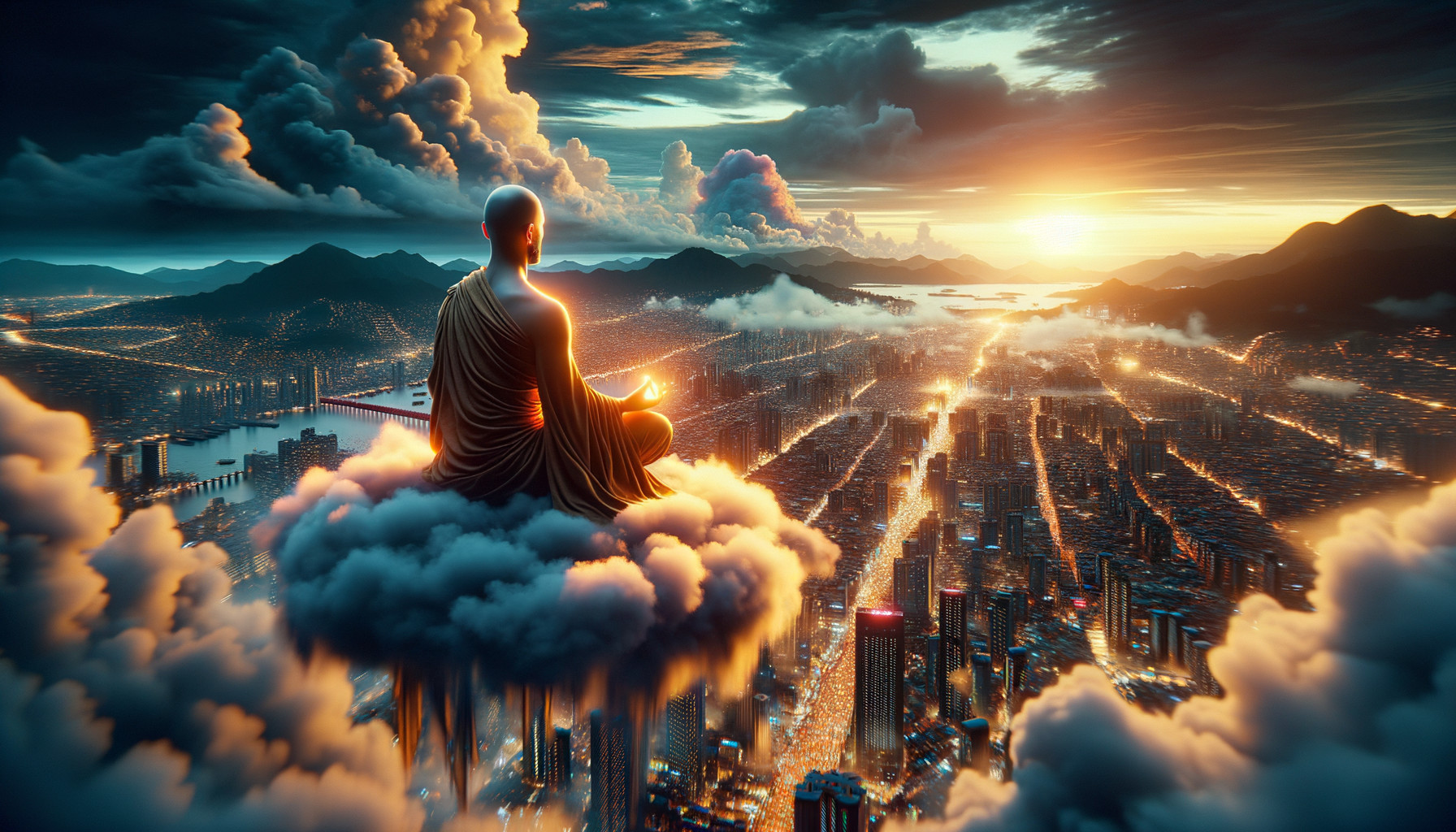 Meditative Figure Overlooking Sunset Cityscape