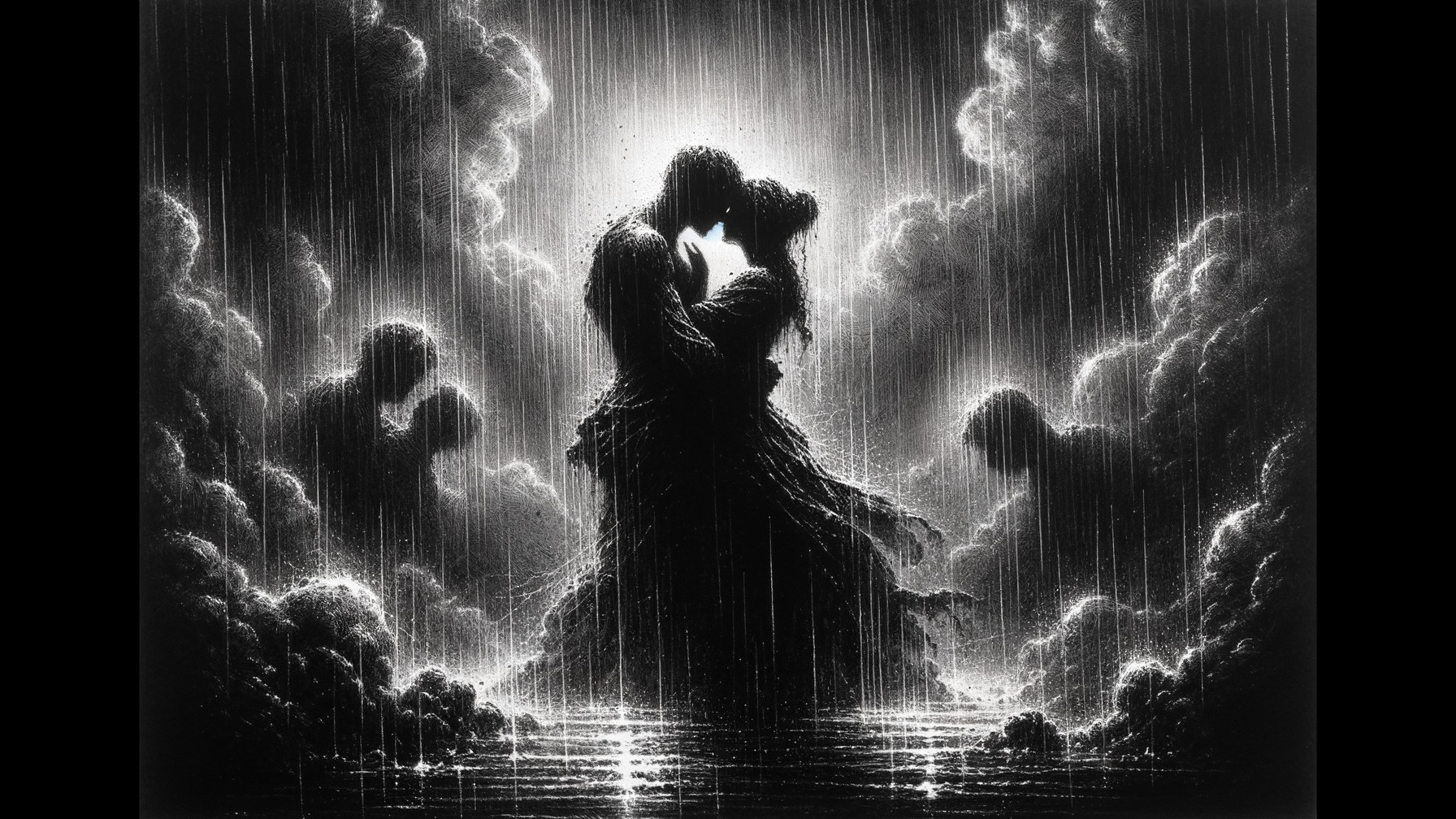 Monochromatic Embrace Amidst Rain and Clouds