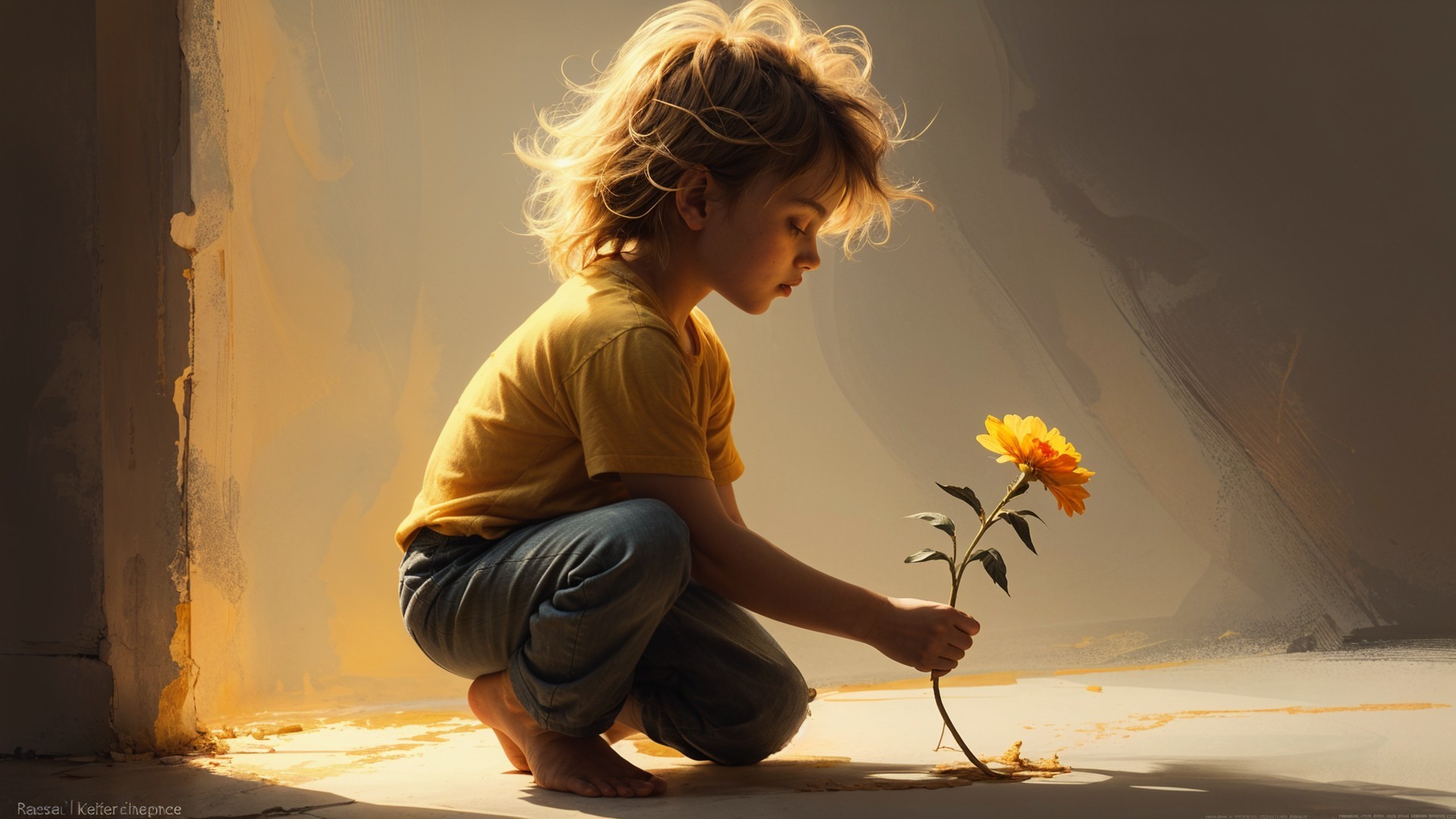 Child with Sunflower on Sunlit Floor