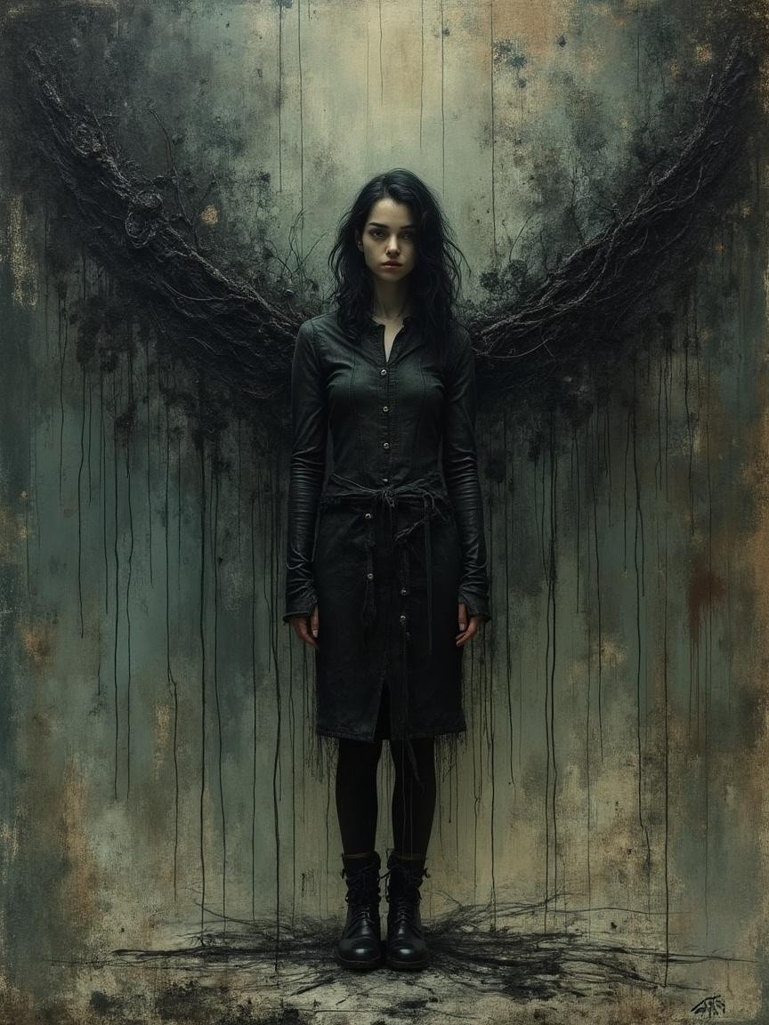 Mysterious Figure with Dark Wings in Surreal Setting