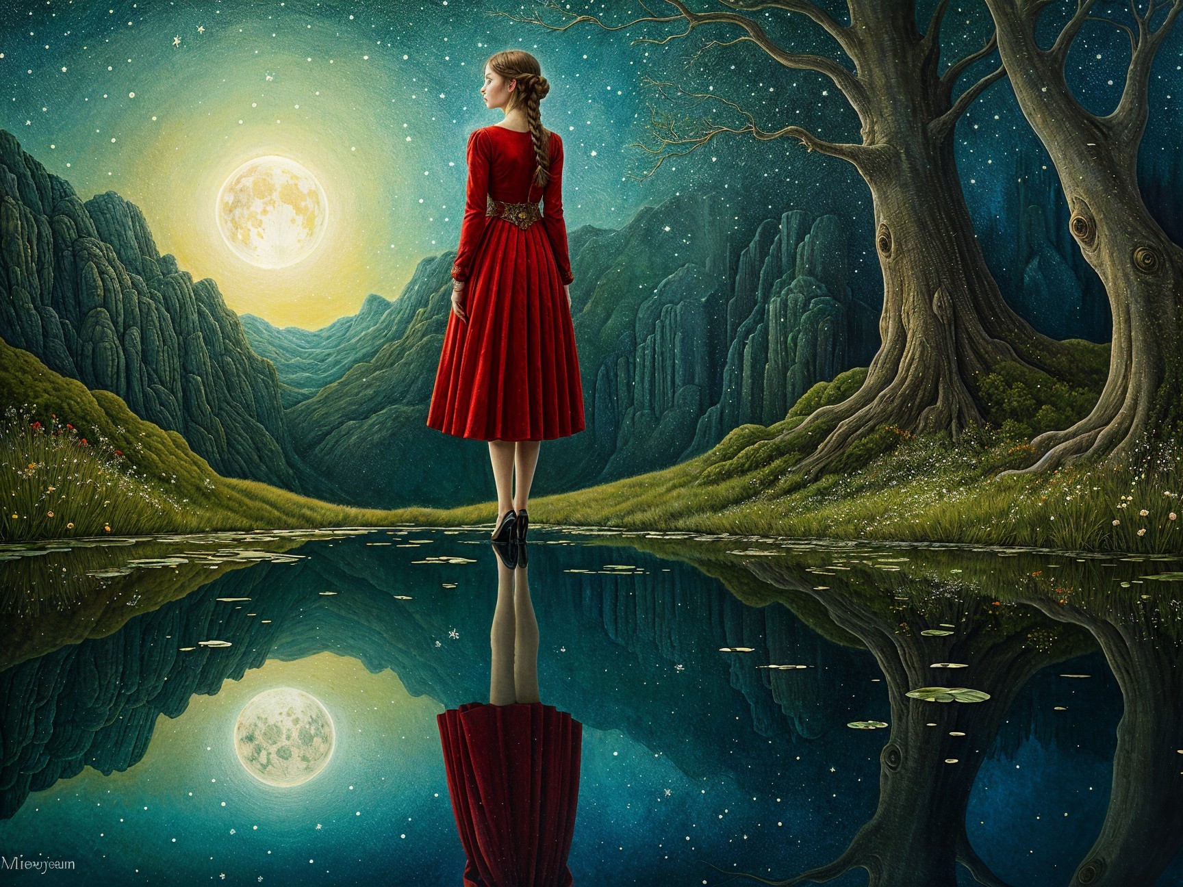 Woman in red dress by serene lake under moonlight