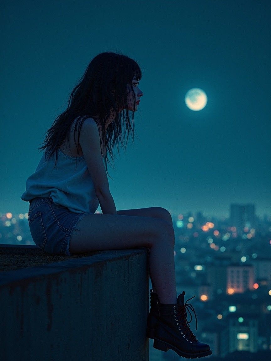 Young Woman on Rooftop with Moonlit Cityscape