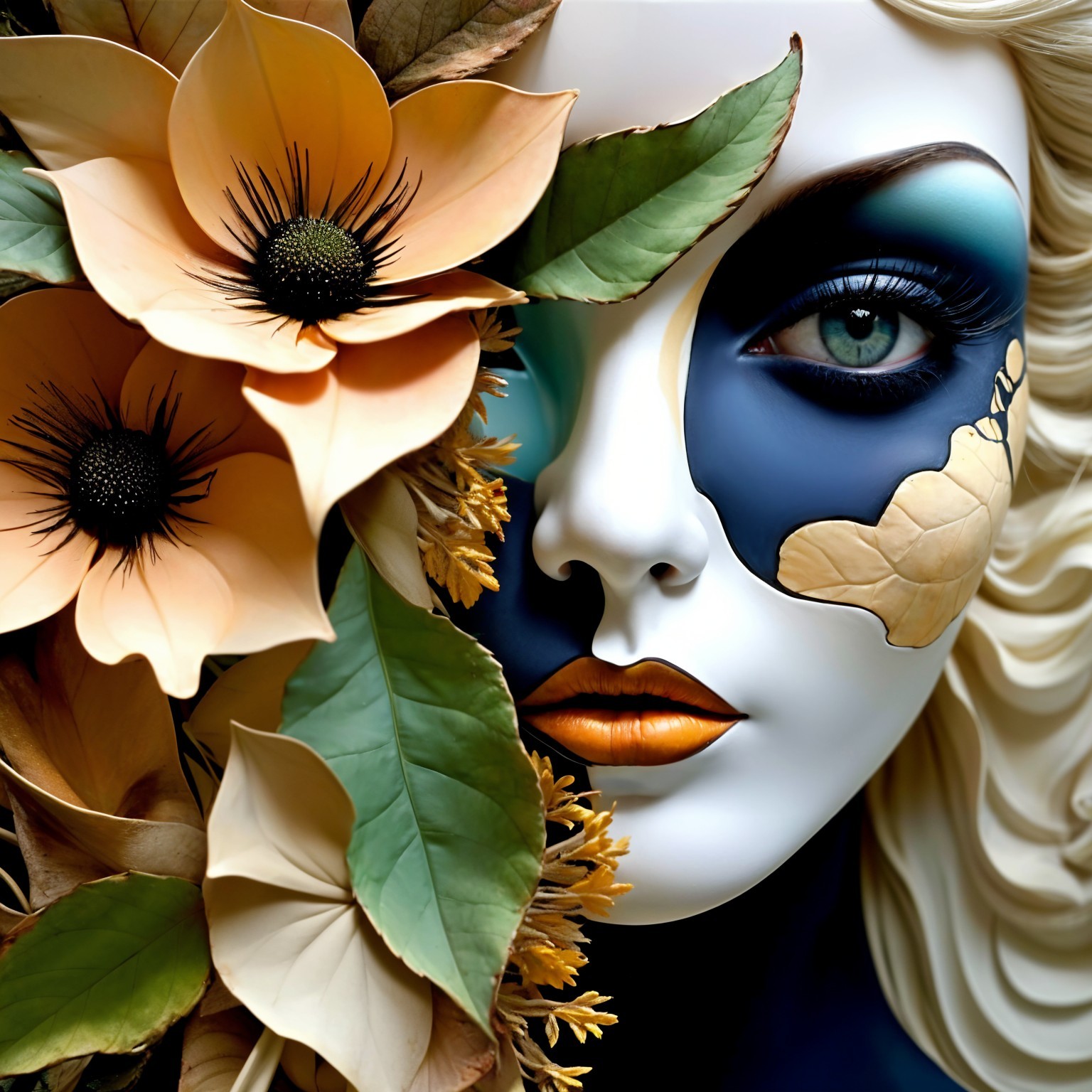 Stylized Face with Bold Makeup and Floral Elements