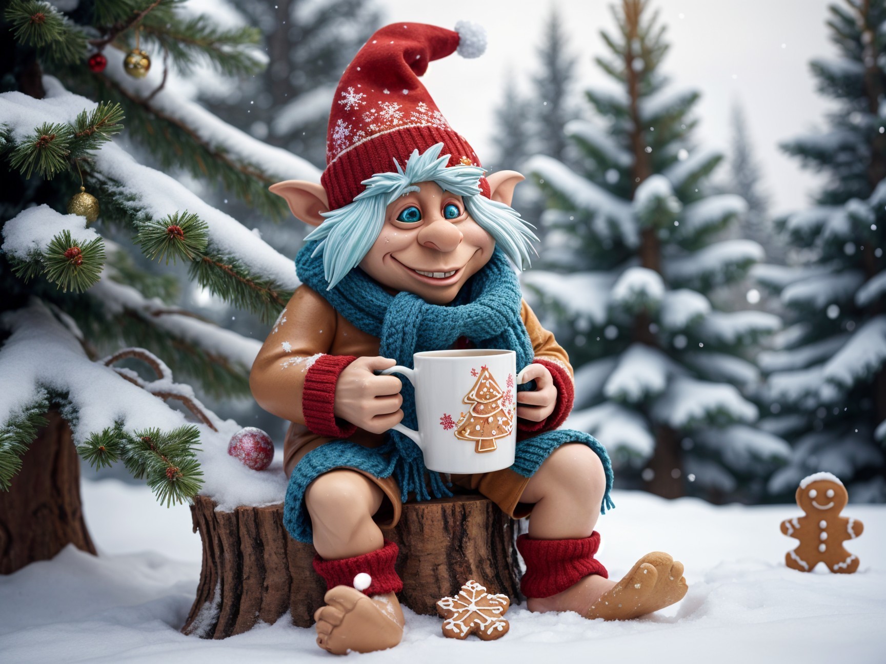 Whimsical Elf in Snowy Forest with Holiday Decor