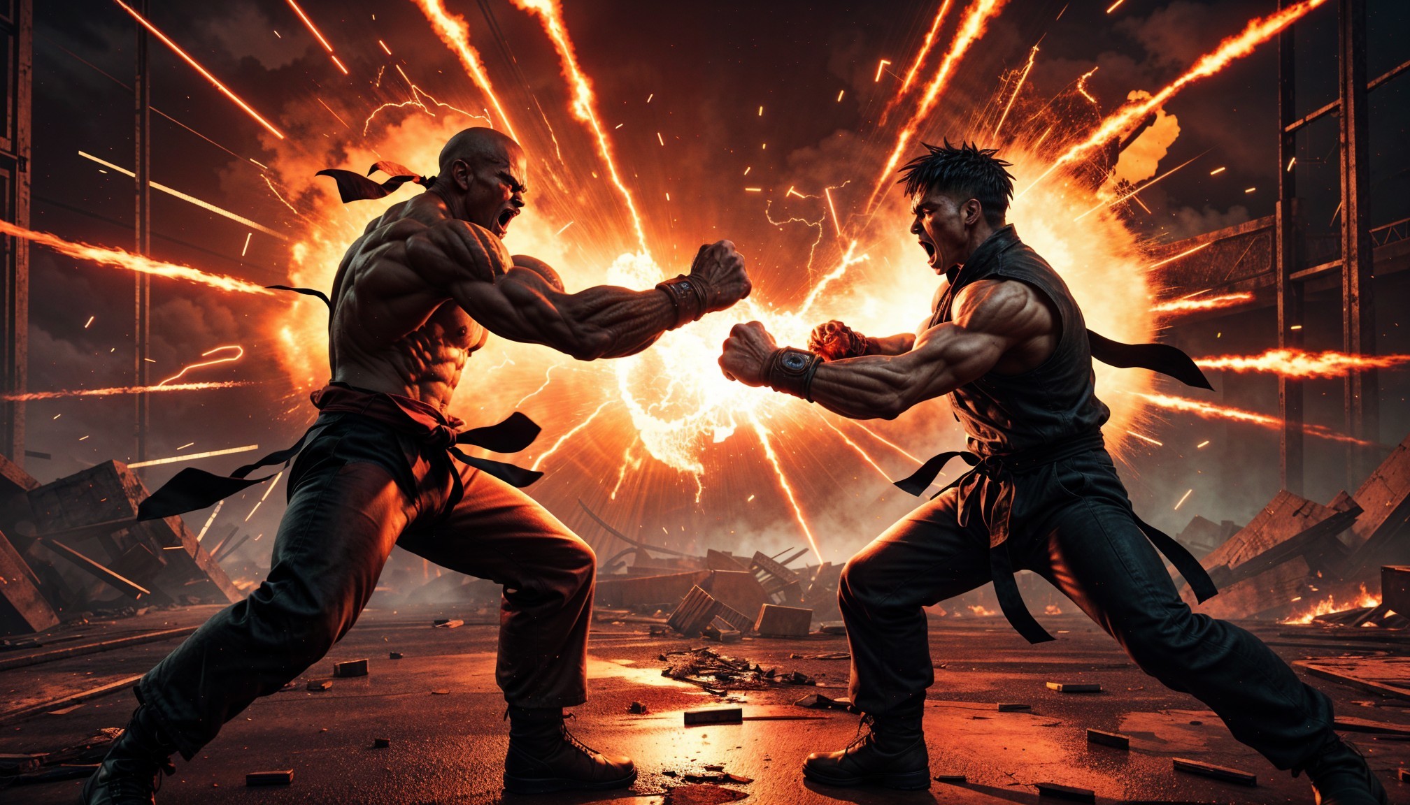 Muscular Fighters in Confrontation with Explosions